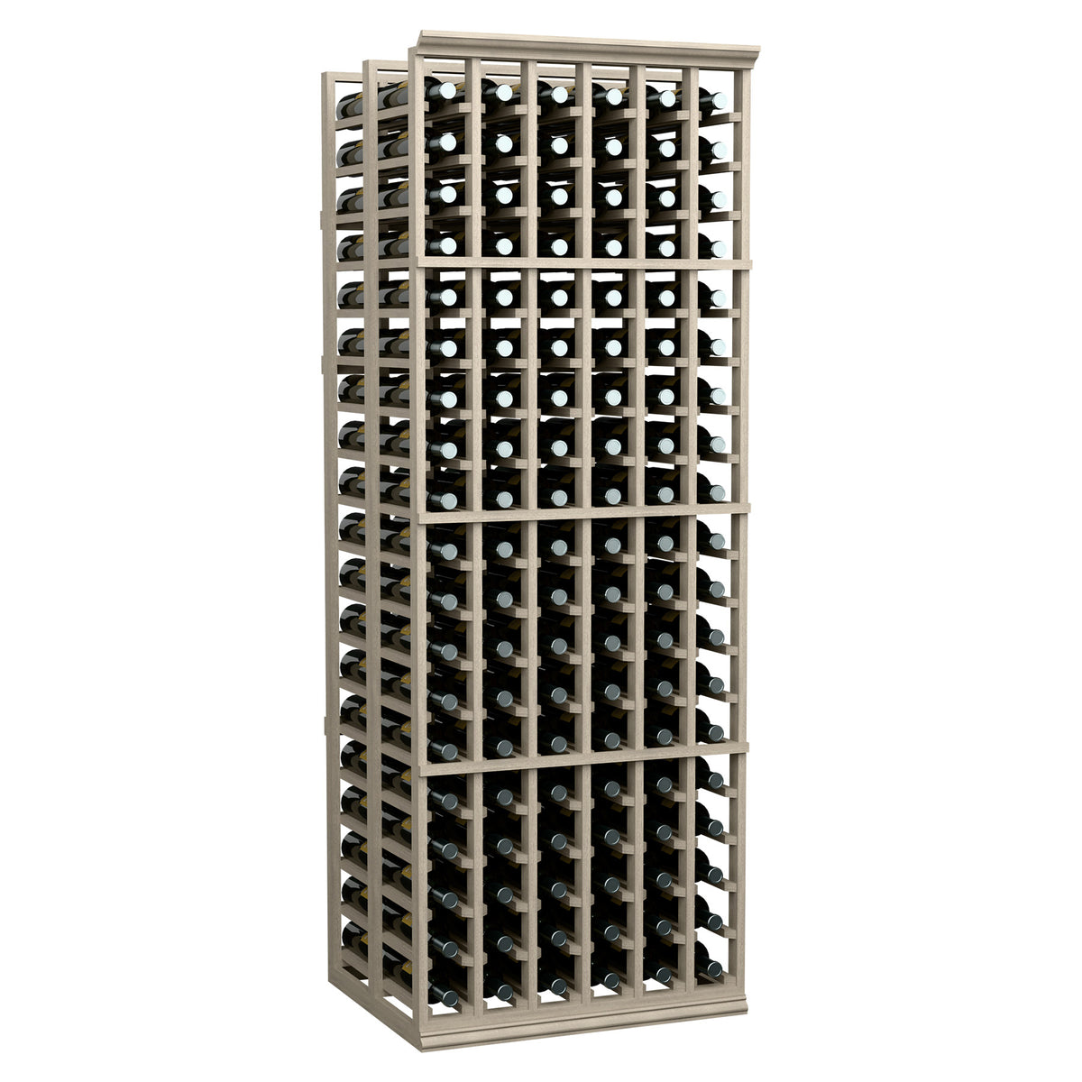 Light wood wine rack with grid shelves holding multiple rows of wine bottles, full view