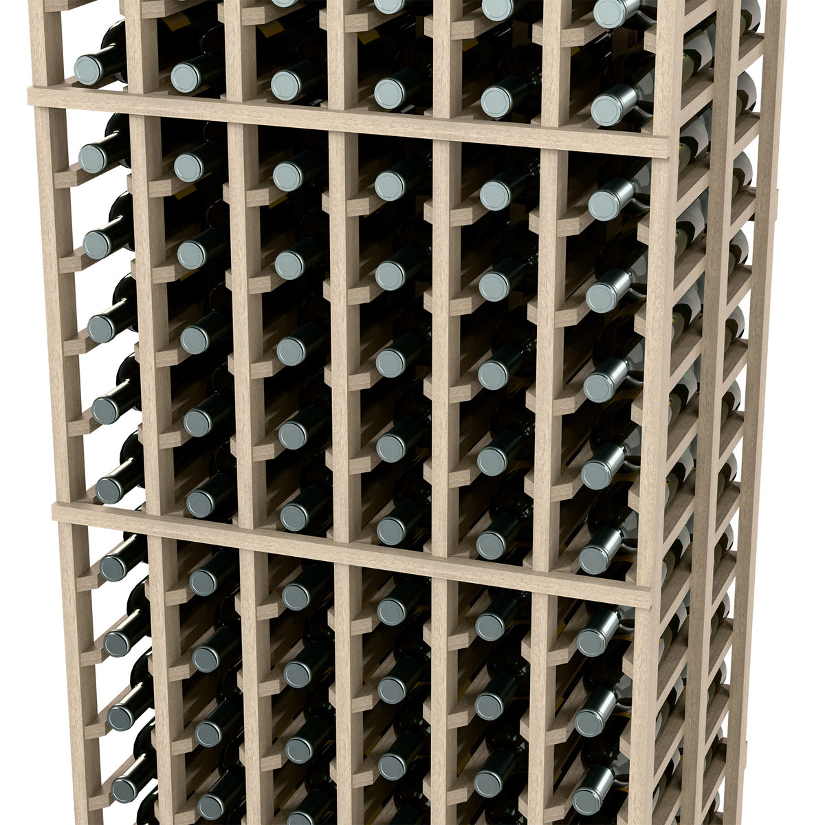 Light wood wine rack with grid shelves holding multiple rows of wine bottles, front view