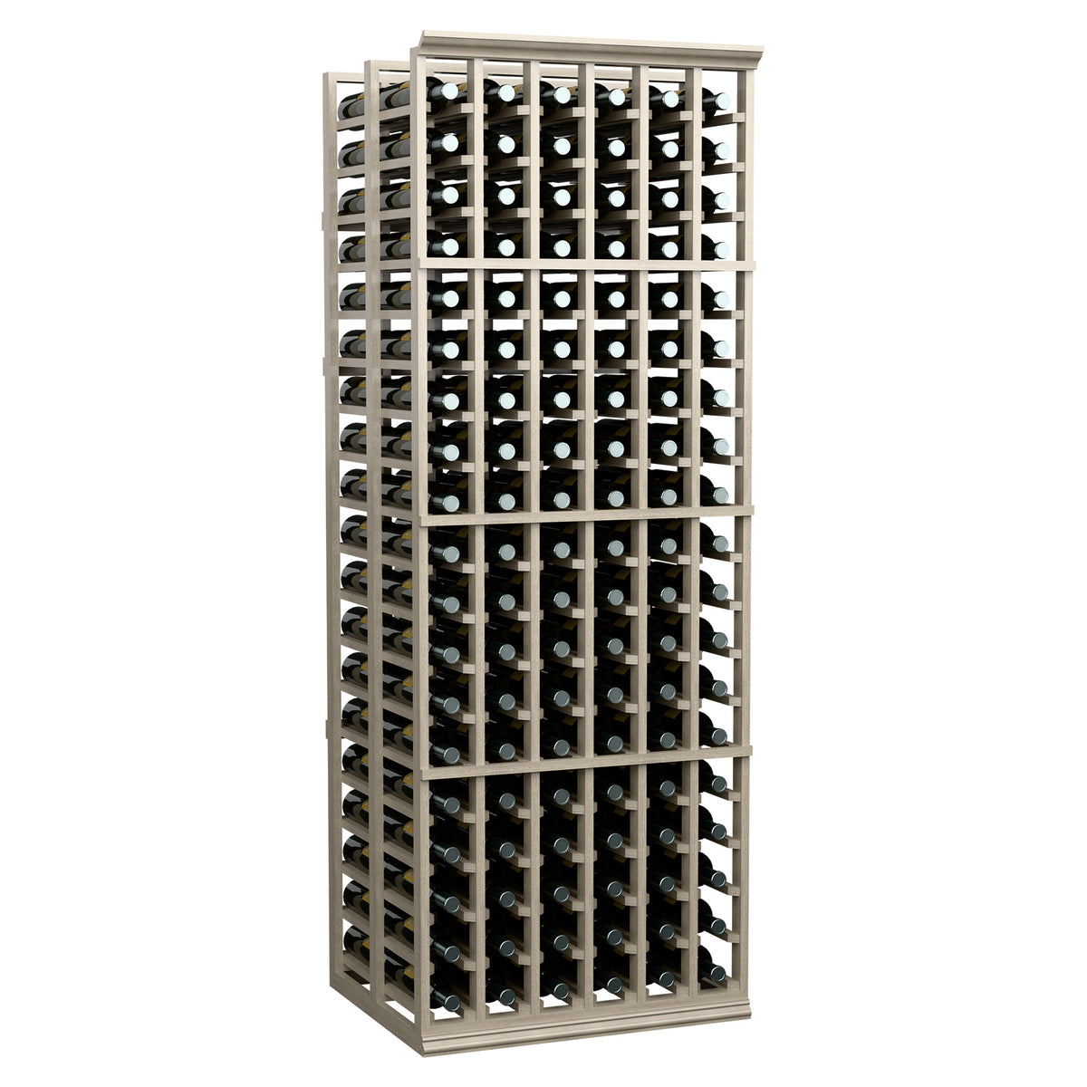 Light wood wine rack with grid shelves holding multiple rows of wine bottles, full view