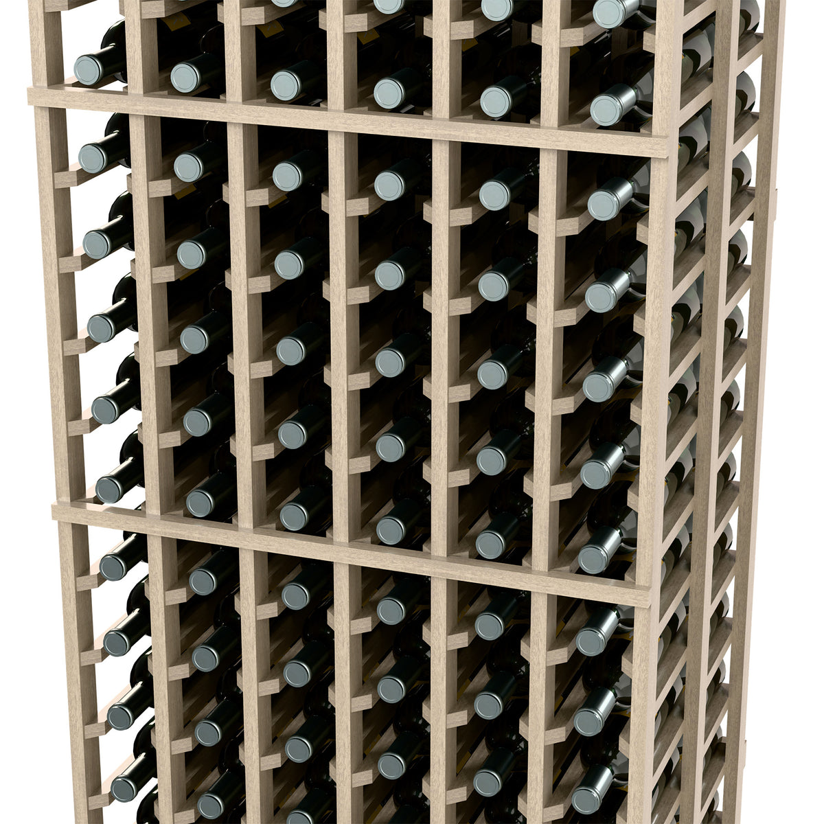Light wood wine rack with grid shelves holding multiple rows of wine bottles, close front