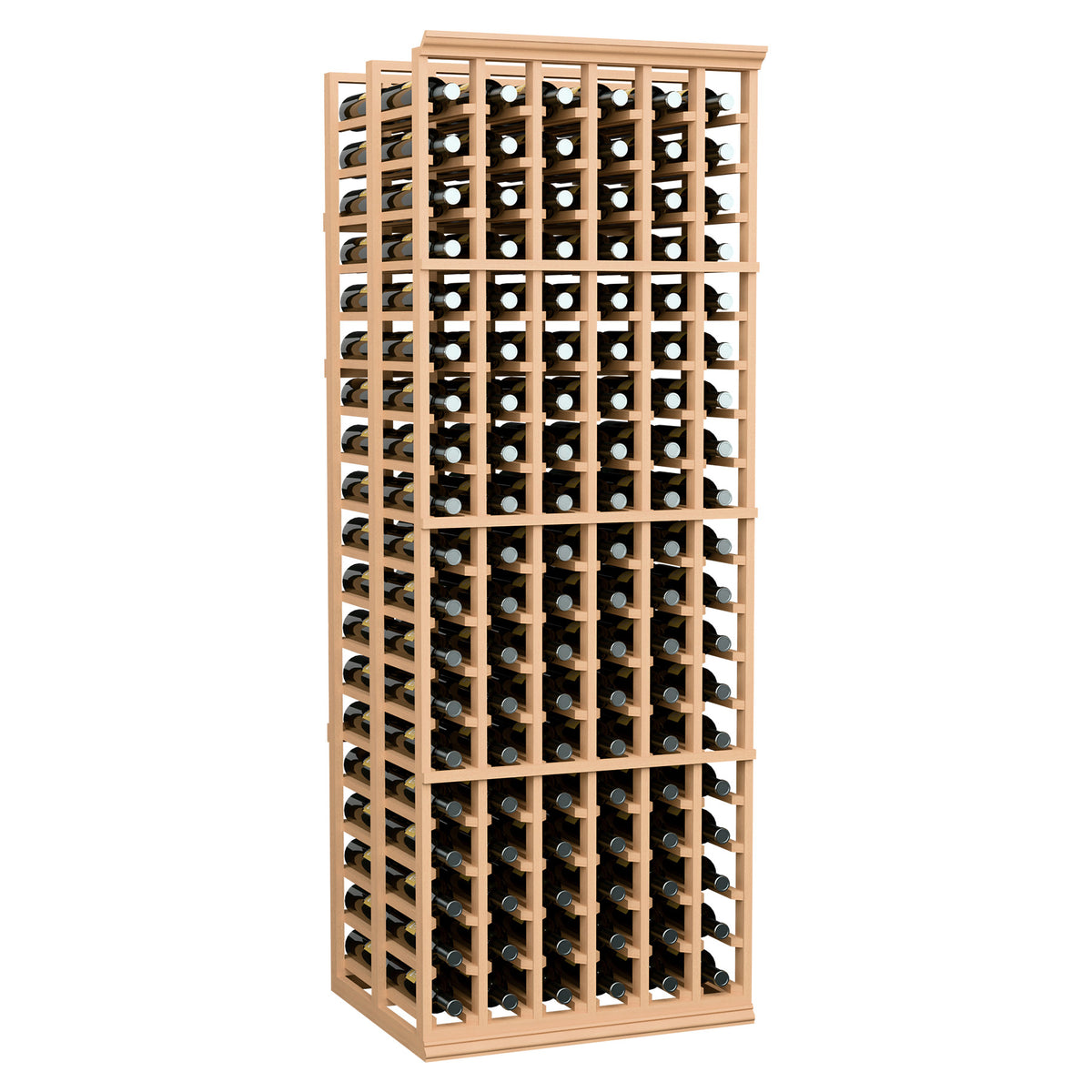 Honey-colored wood wine rack holding multiple rows of wine bottles behind grid shelves
