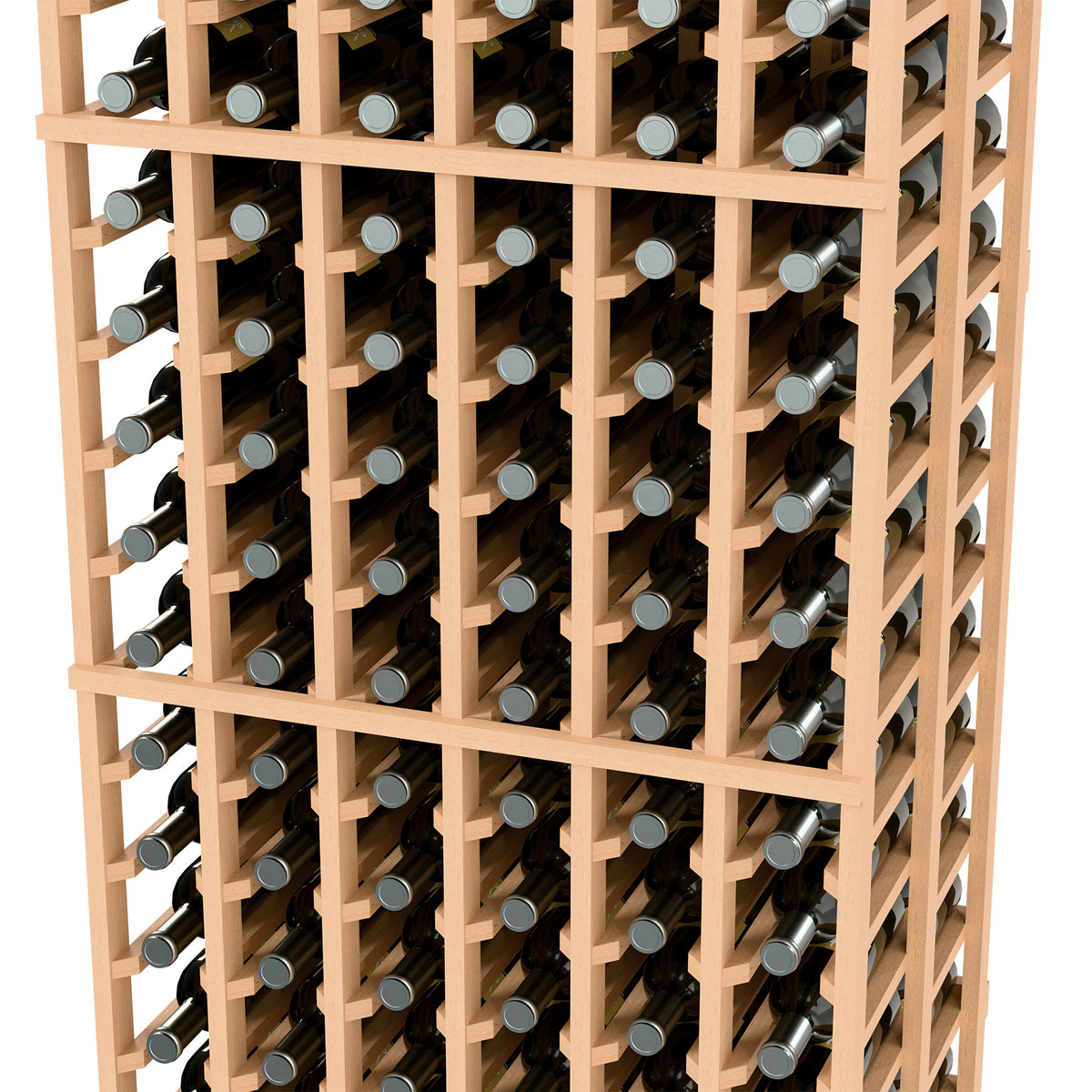 Light wood wine rack with grid shelves holding multiple rows of wine bottles, angled front