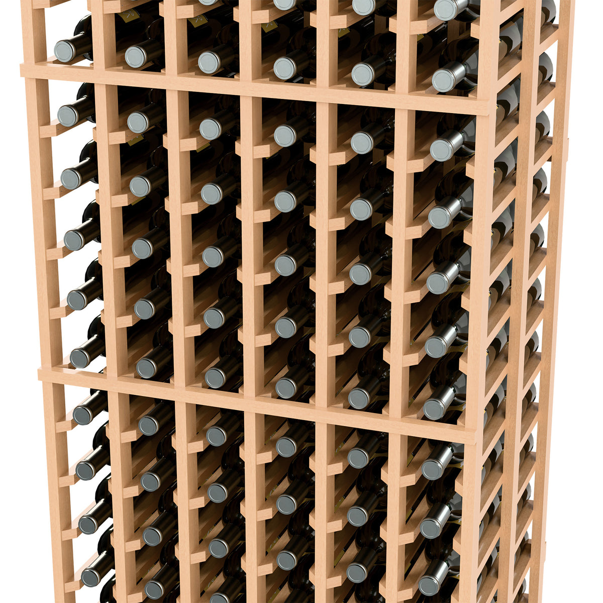 Light wood wine rack with grid shelves holding multiple rows of wine bottles, front close-up