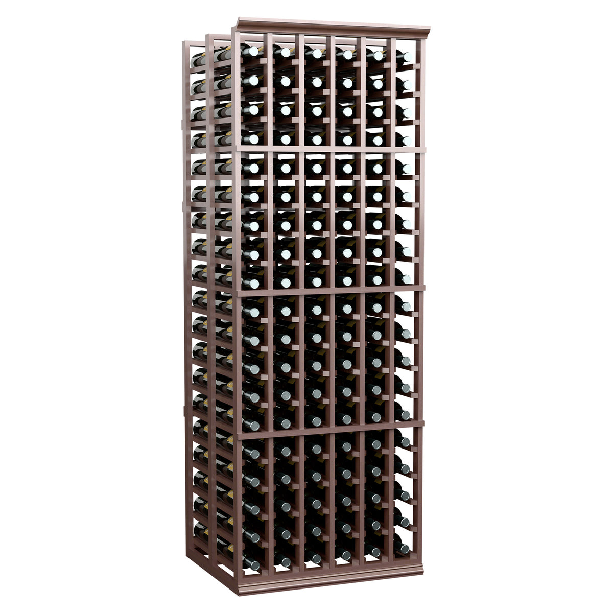 Dark brown wine bottle rack, double-deep 6-column grid, full rack view.
