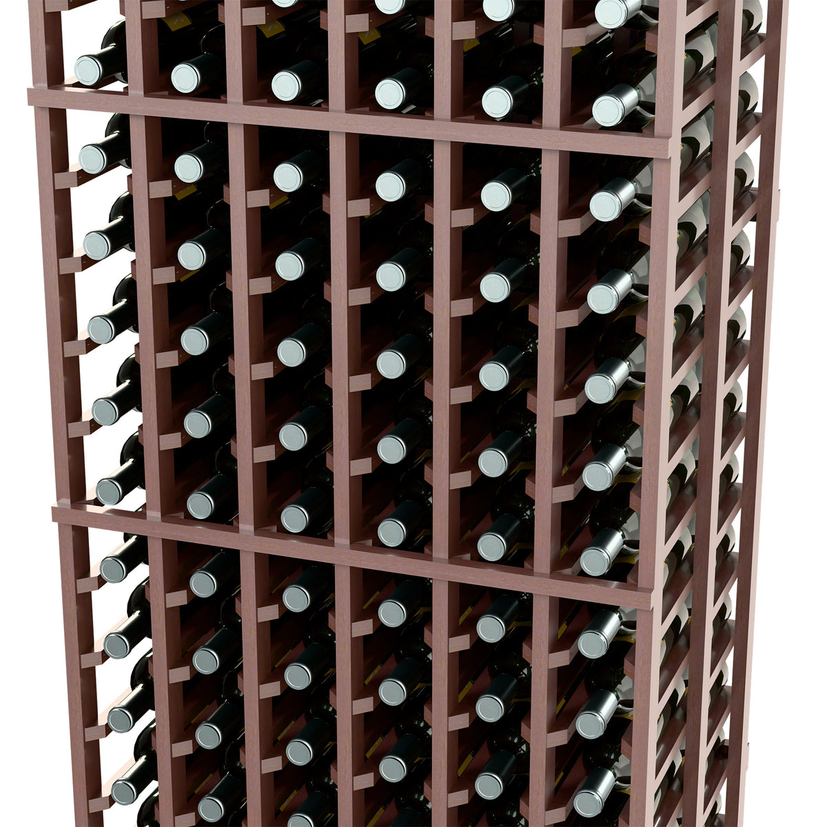 Dark brown wine bottle rack, double-deep 6-column grid, close front view.