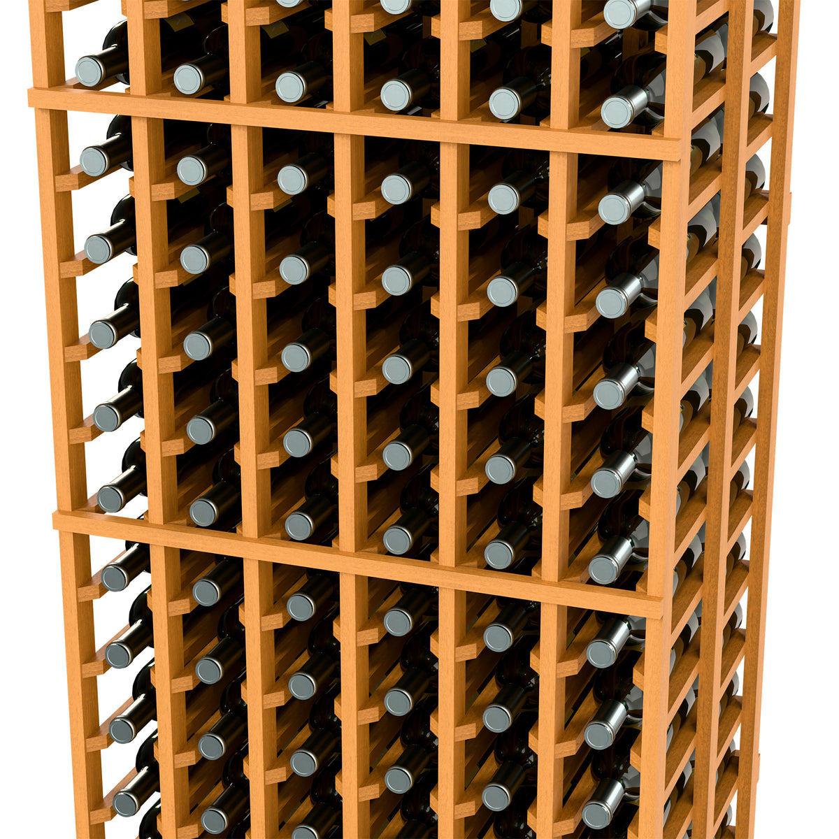 Light honey wine bottle rack, double-deep 6-column grid, close-up front view.