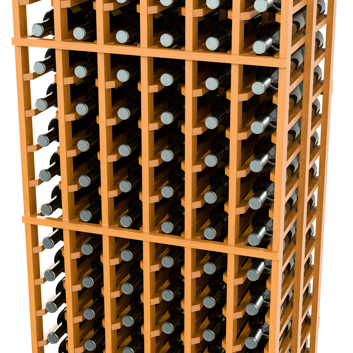 Honey wine bottle rack, double-deep 6-column grid, close-up front view.
