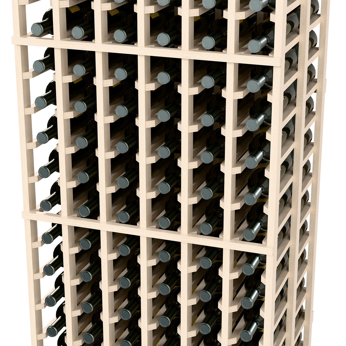 Wine bottle storage rack with pale wood frame and open grid shelves