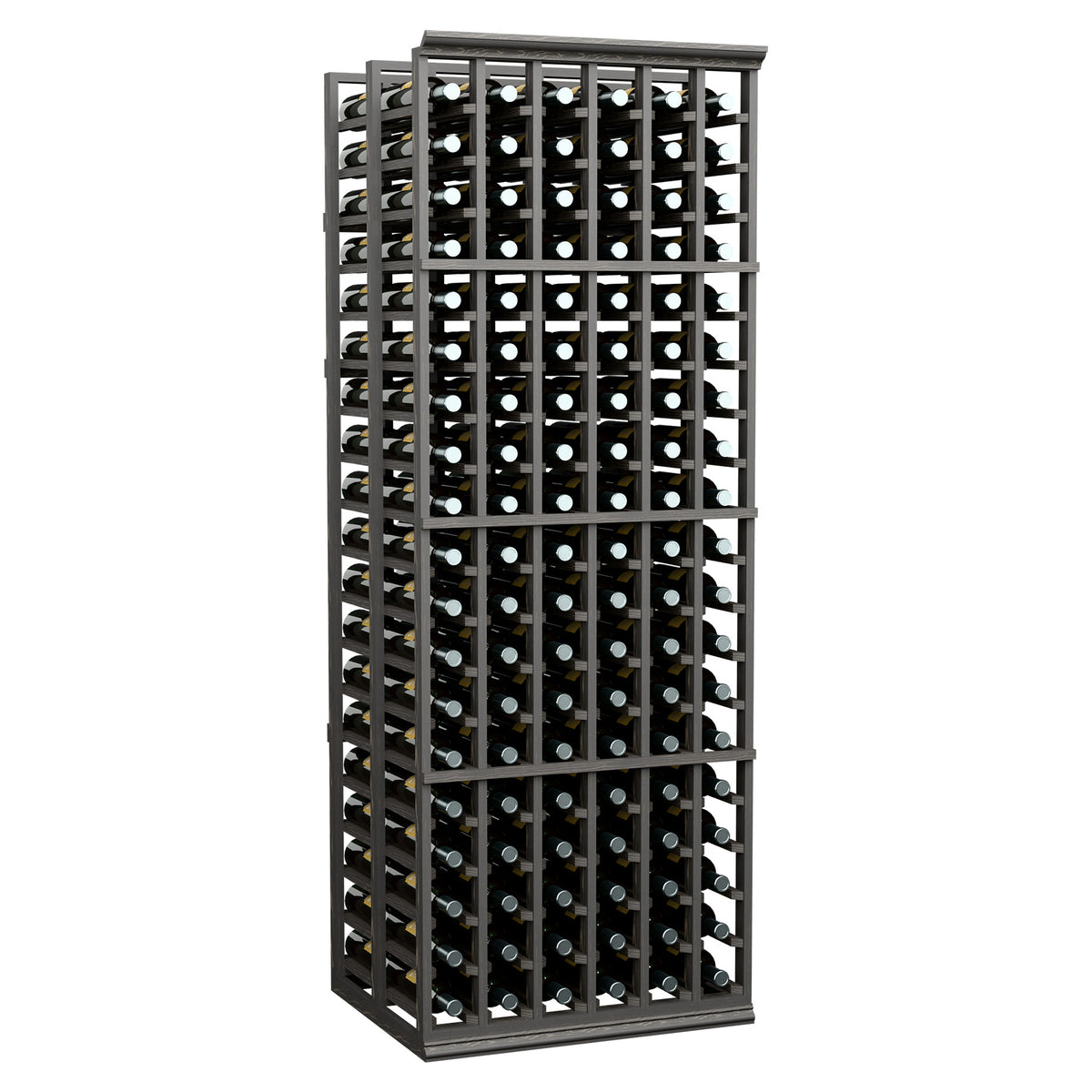 Wine bottle storage rack with dark metal frame and bottle slots