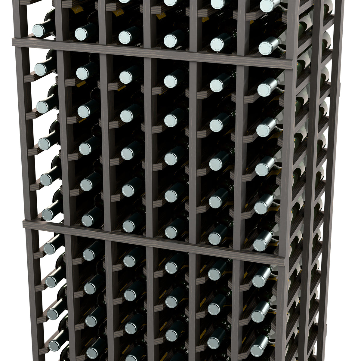 Wine bottle rack with dark gray frame, front view of bottle openings