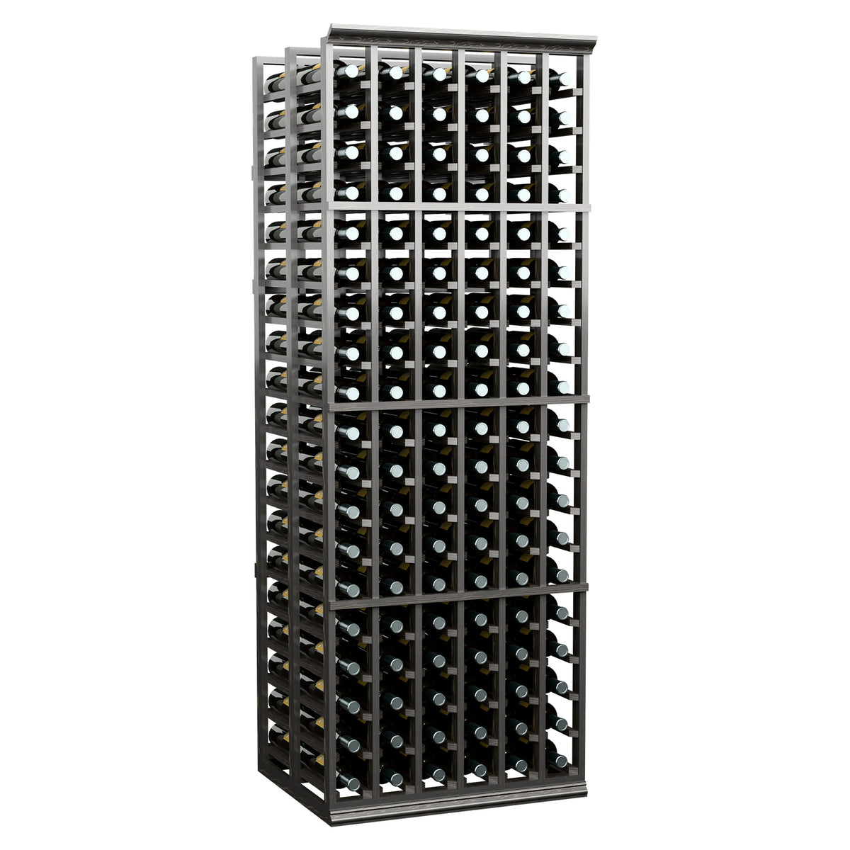 Wine bottle storage rack with black metal frame and full bottle layout
