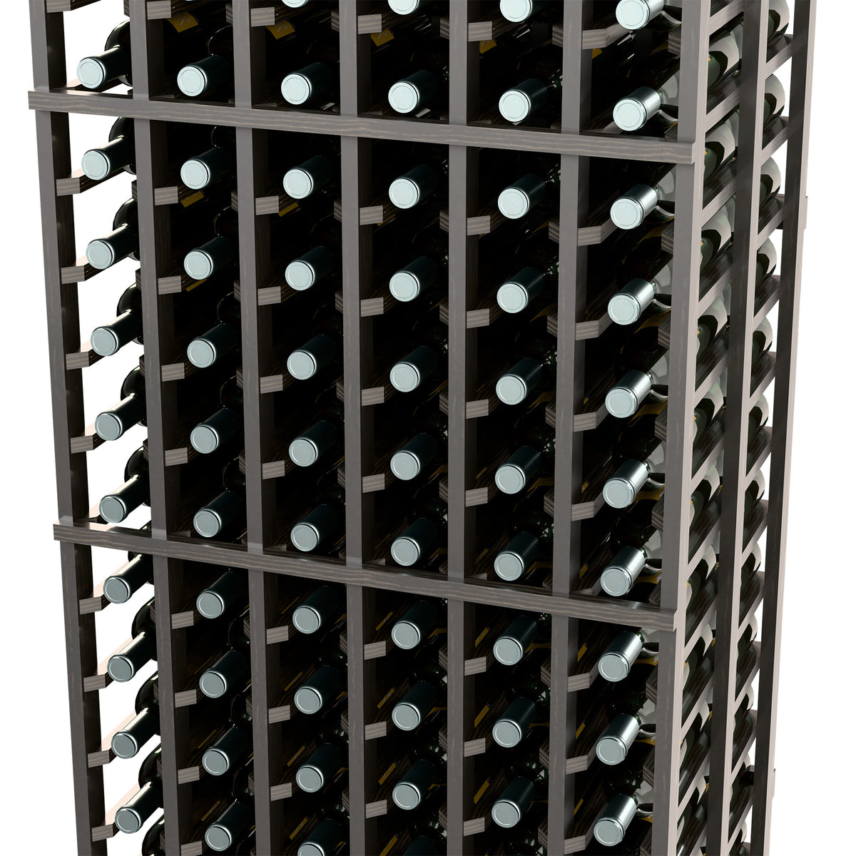 Wine bottle rack with gray frame and front grid holding multiple bottles