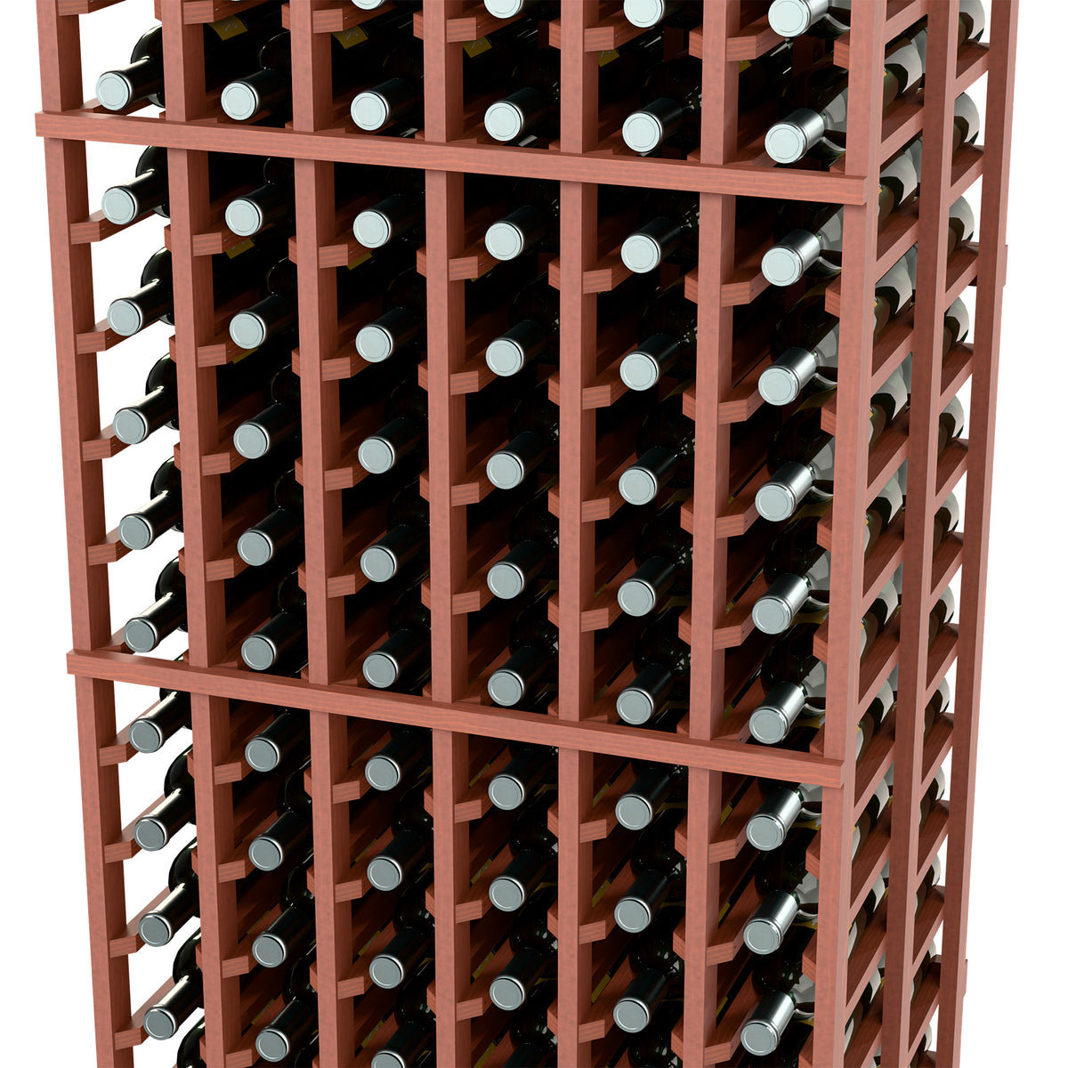 Wine bottle rack with reddish wood frame and close-up of bottle rows