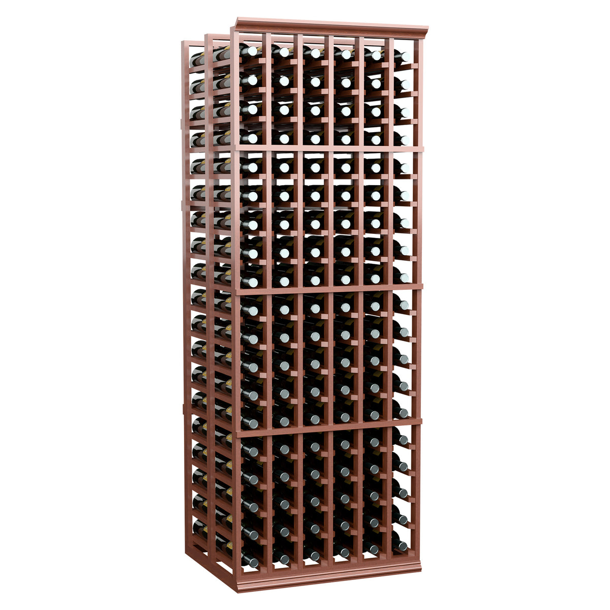 Wine bottle storage rack with reddish wood frame and front display of bottles