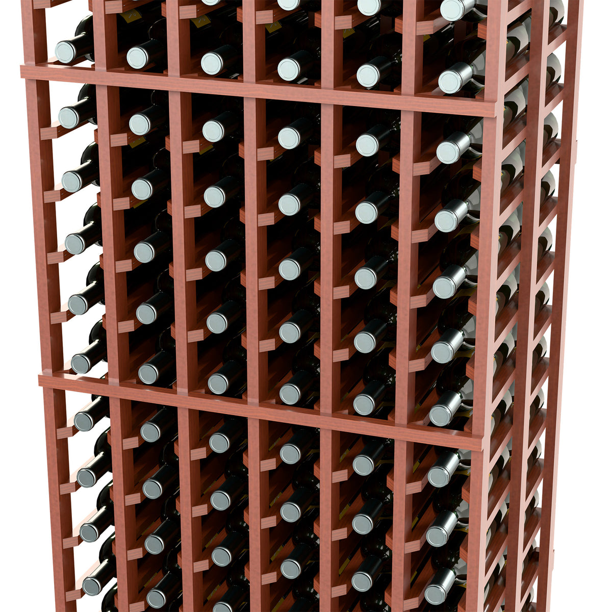 Wine bottle rack with reddish wood frame, side view showing bottle grid