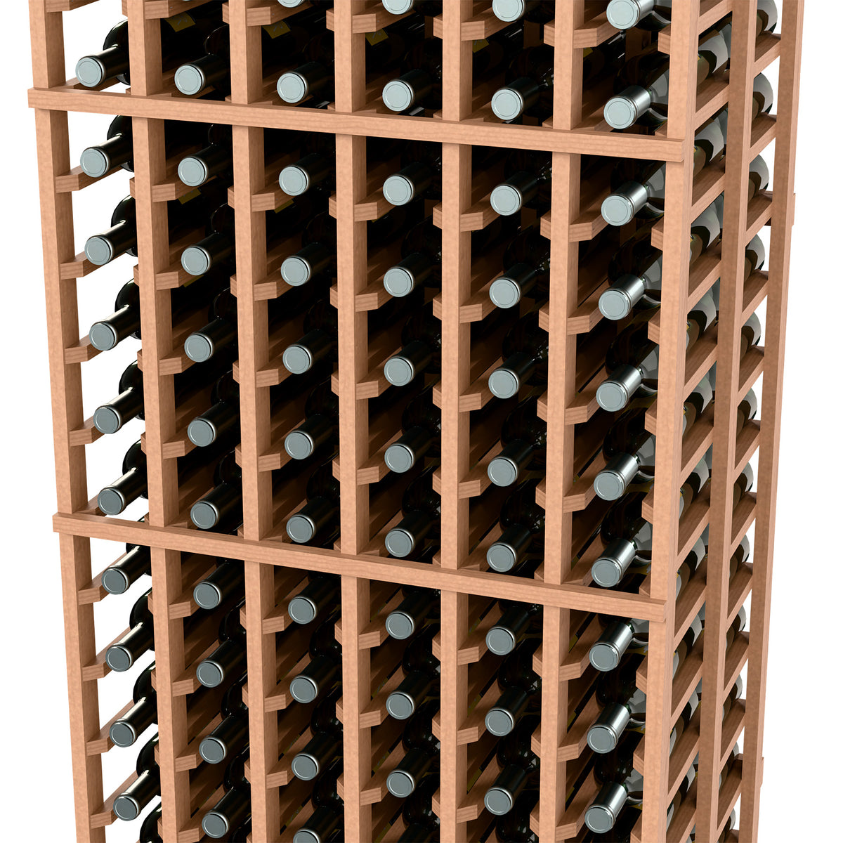 Wood wine bottle rack with open grid shelves holding multiple bottles