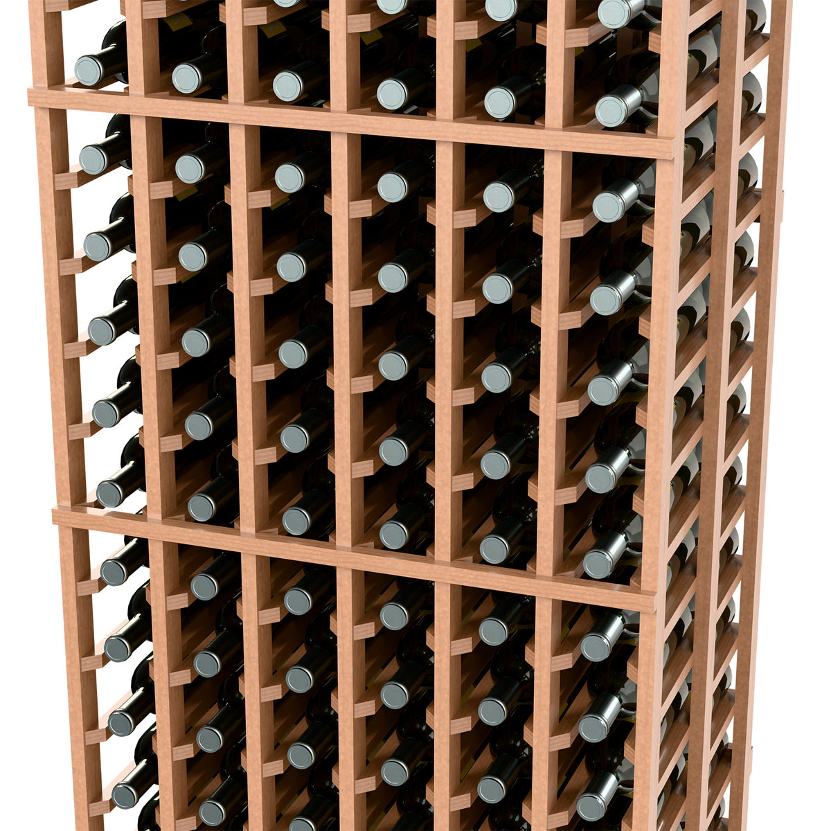 Wood wine bottle organizer rack with multiple compartments and bottle necks visible