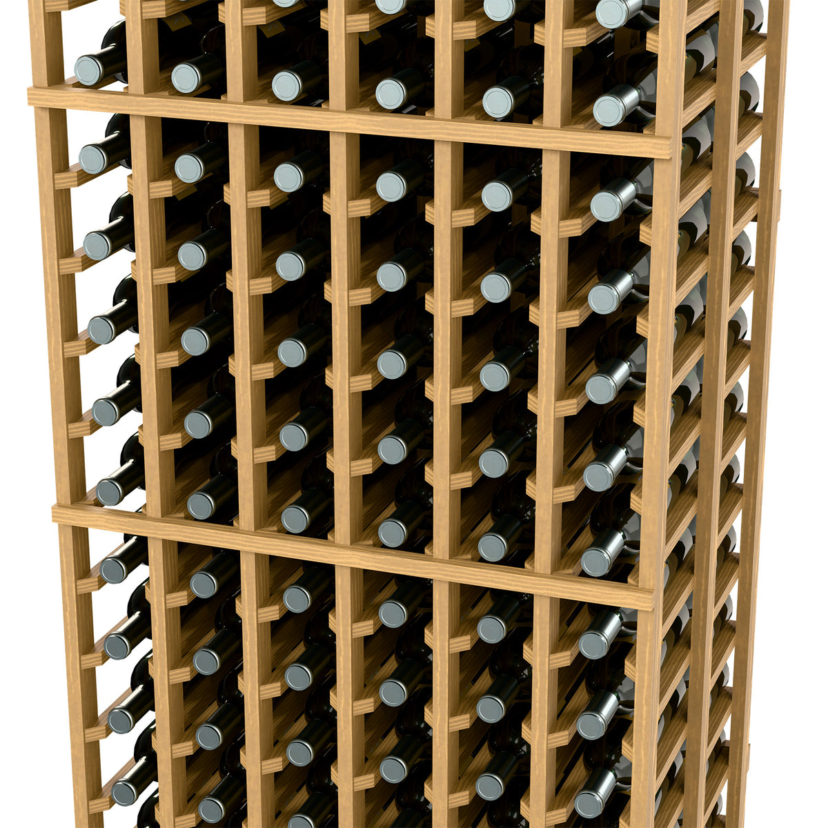 Wood wine rack with front grid showing bottle slots and cork tops