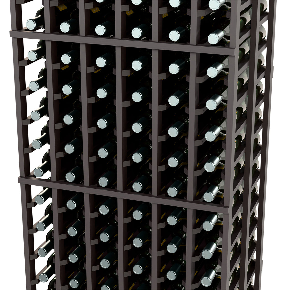 Black wine bottle rack close-up with grid compartments and bottle necks