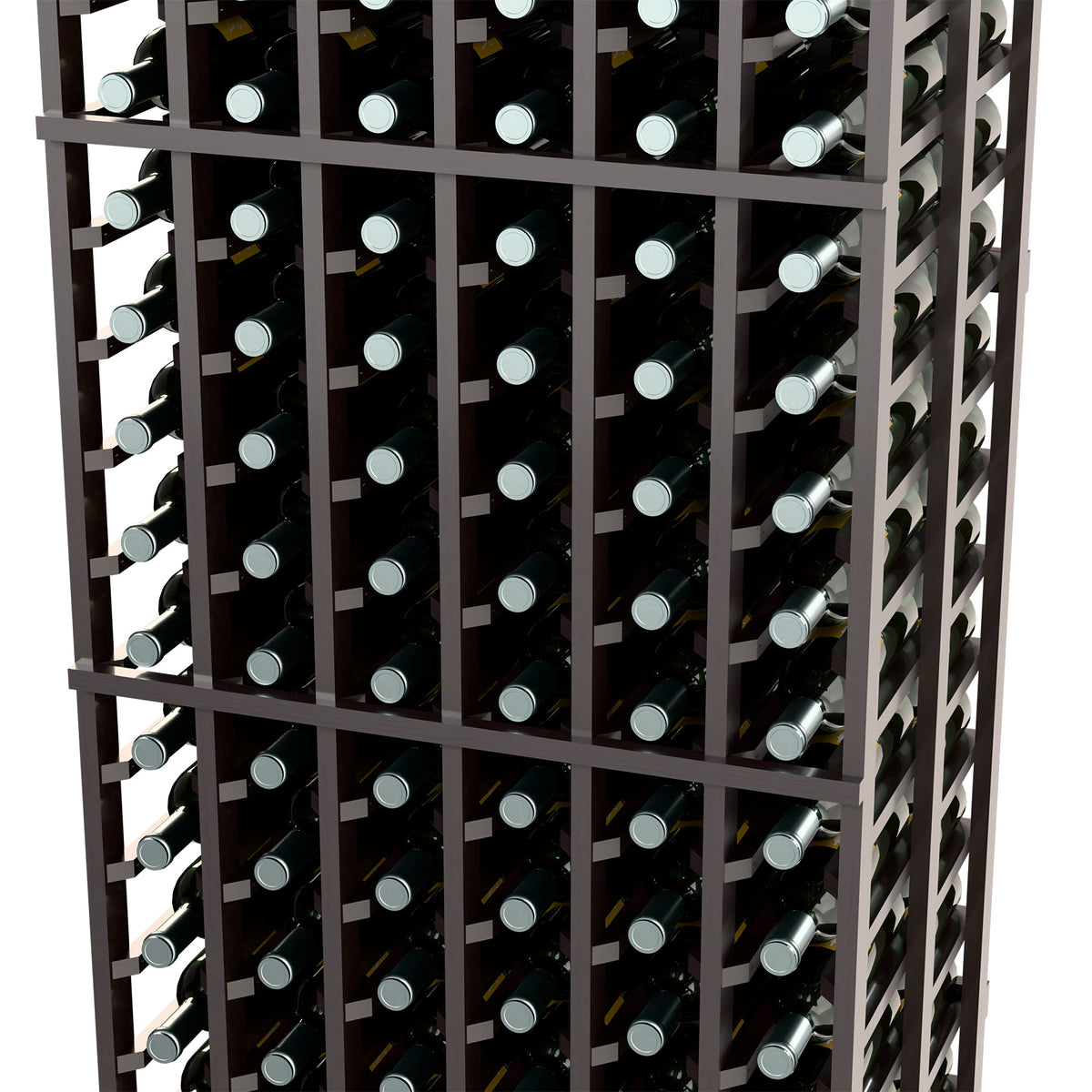 Dark wooden wine bottle rack, six columns, double-deep, front view