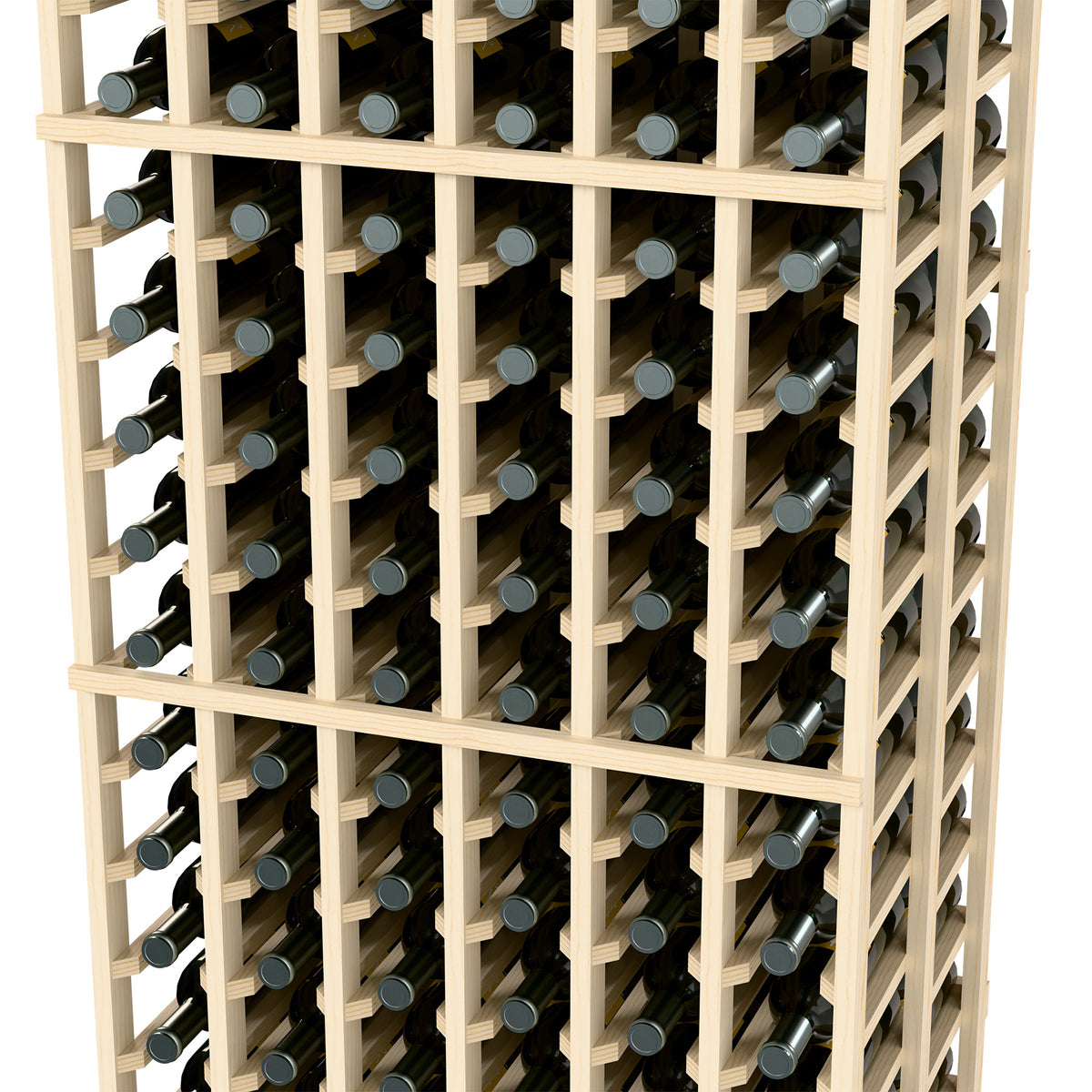 Pale wooden wine bottle rack with six columns, double-deep, front view