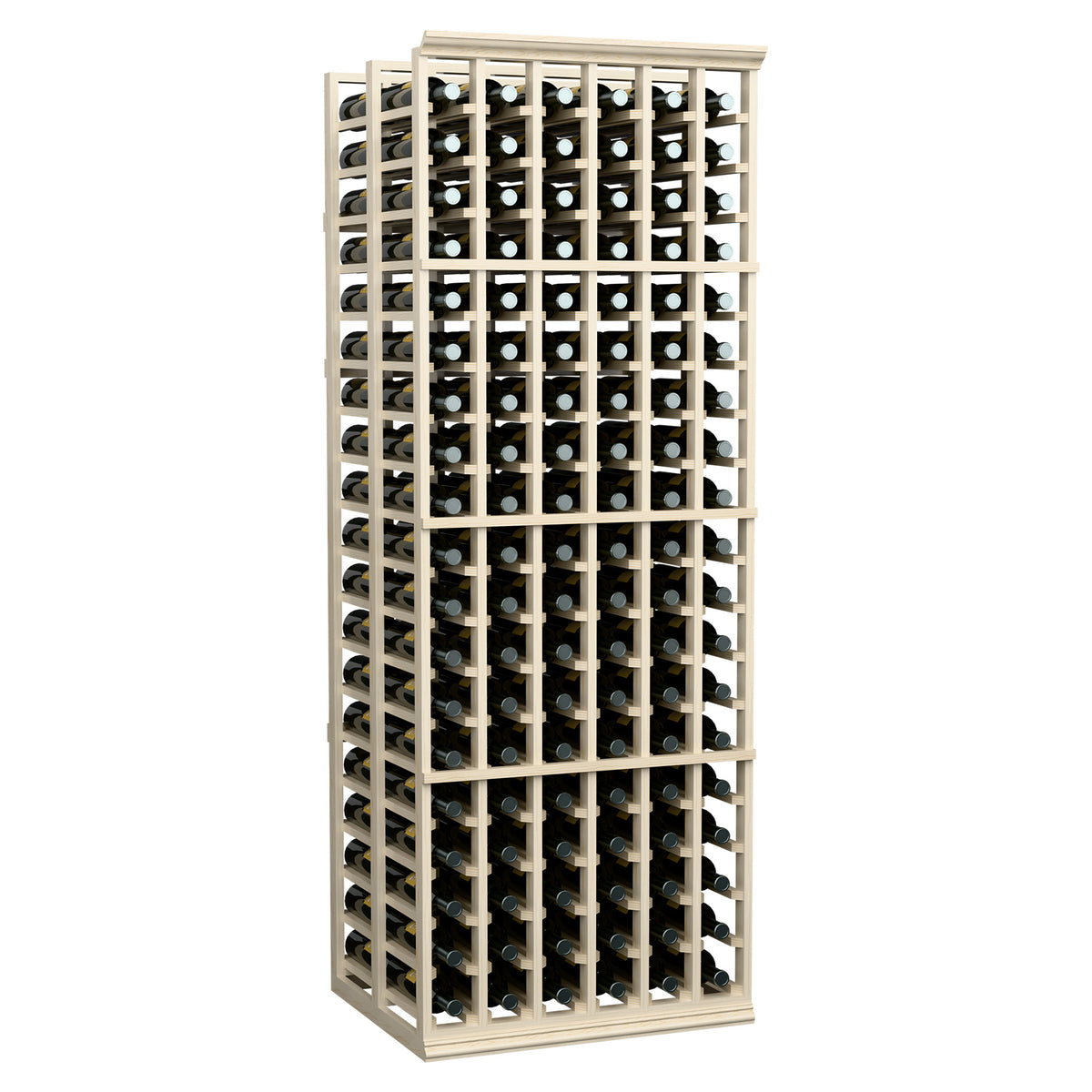Pale wooden wine bottle rack with six columns, double-deep, full front view