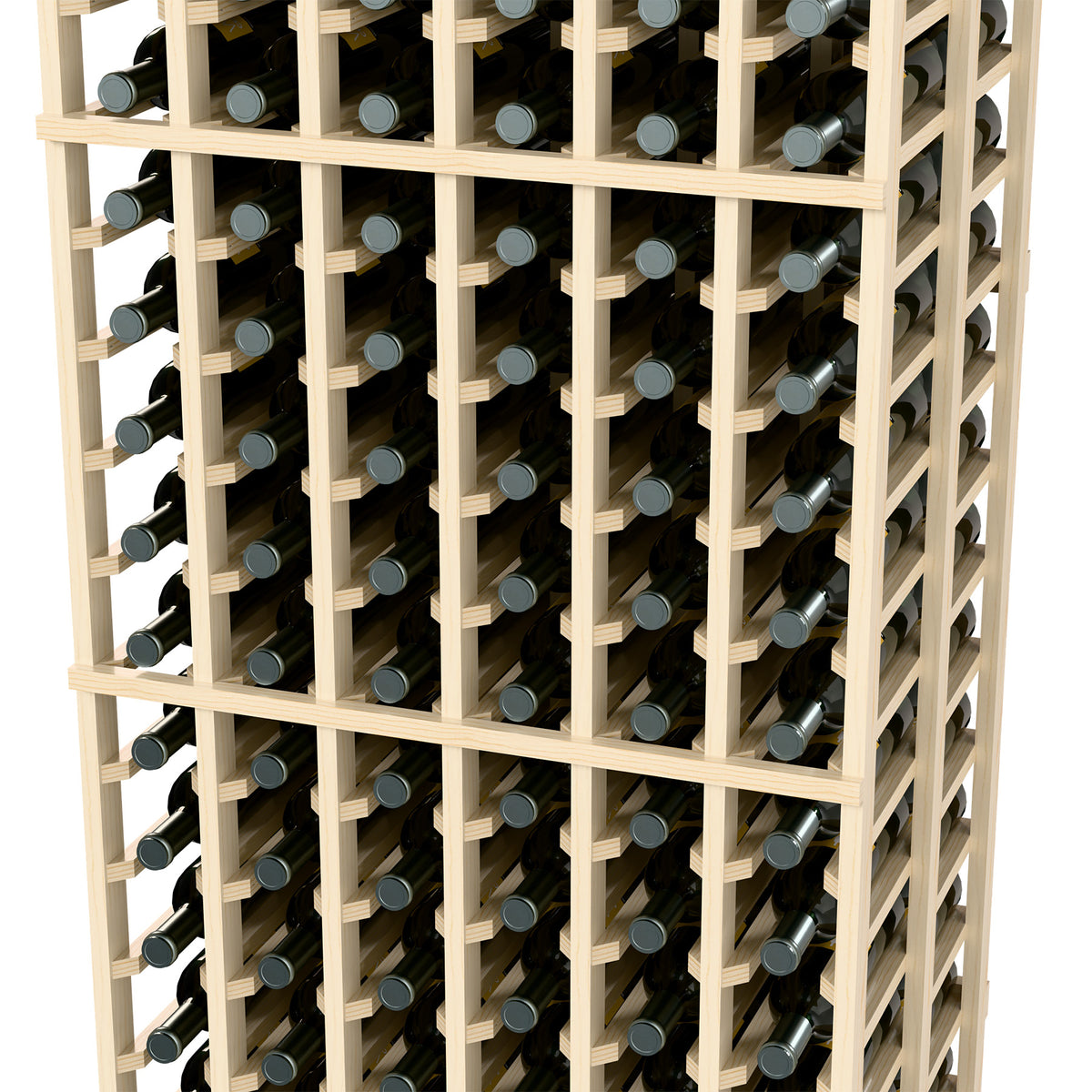 Light wooden wine bottle rack, six columns, double-deep, front view, slight angle