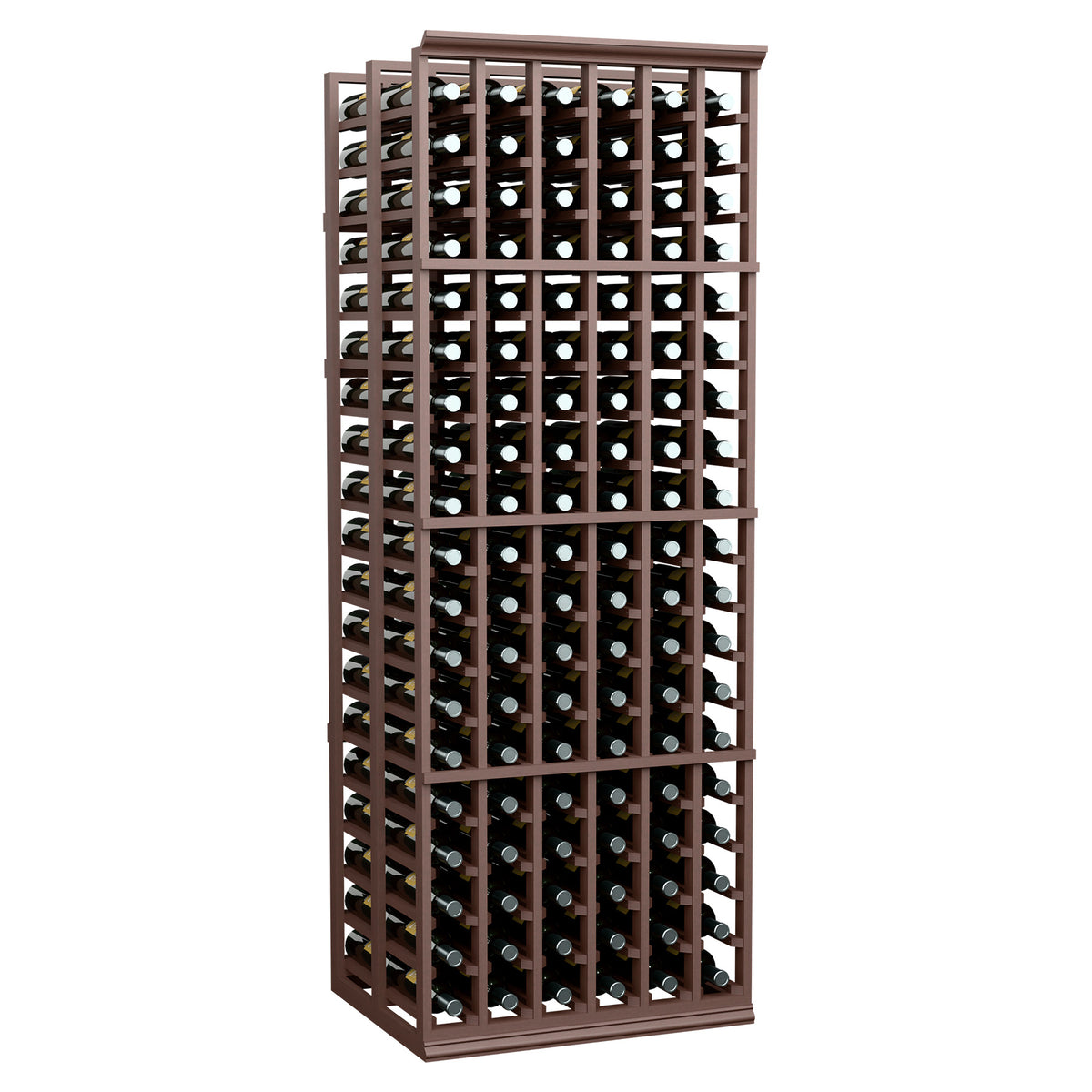 Brown wooden wine bottle rack with six columns, double-deep, front view
