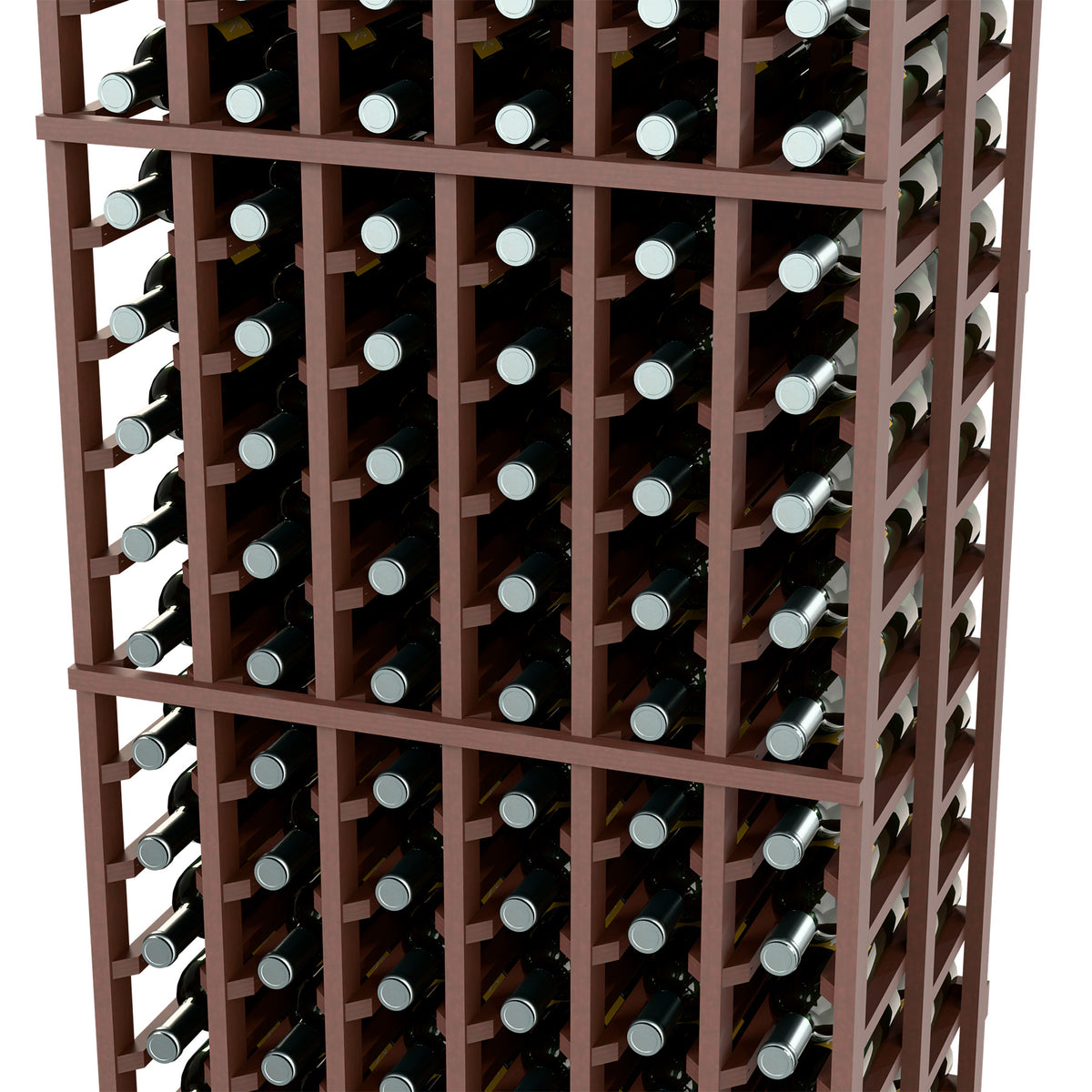 Wine bottle storage rack with dark wood frame and two deep rows of bottles