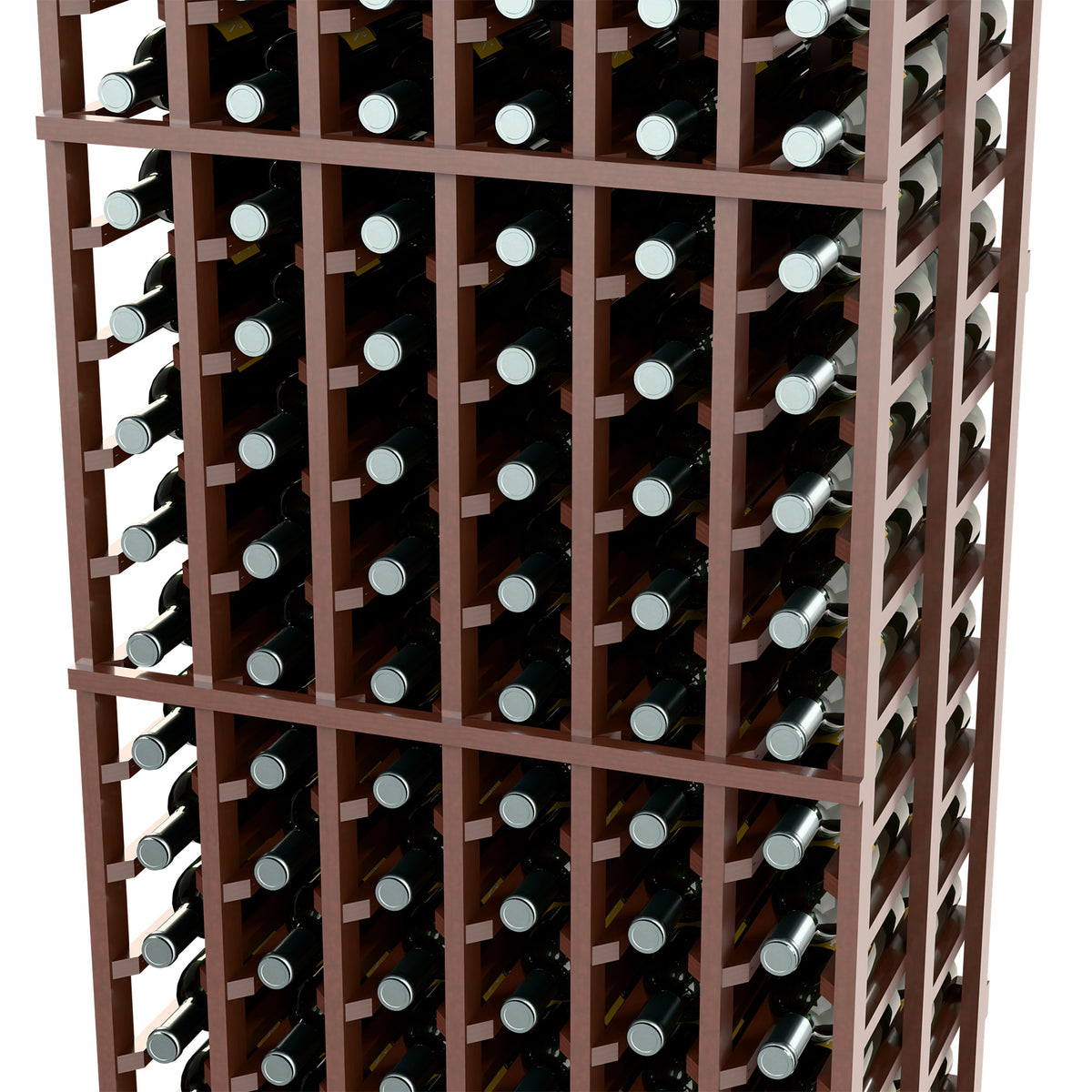 Wine bottle storage rack with brown wood frame and bottles in grid-style slots