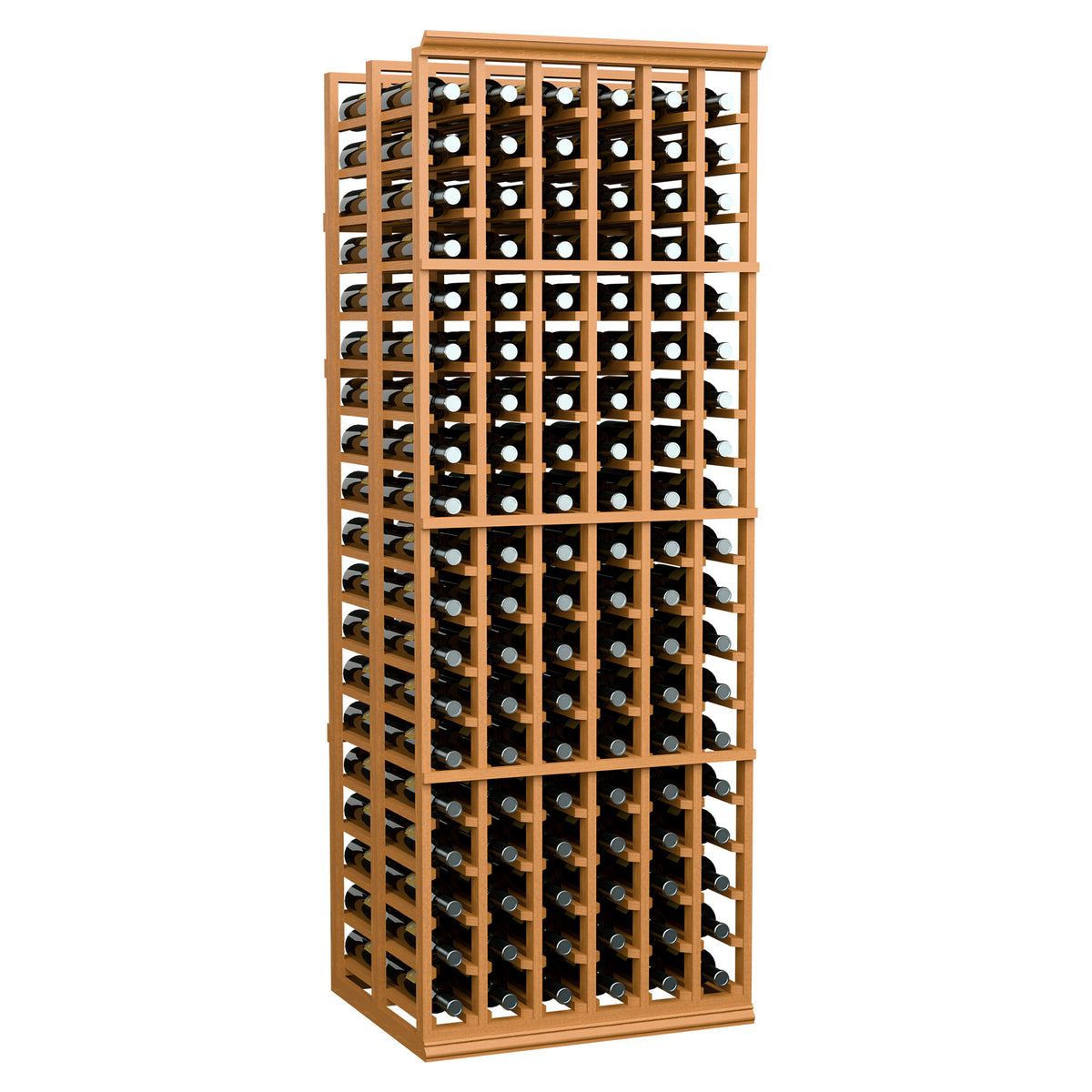 Wine bottle storage rack with light wood frame and bottles in grid-style slots