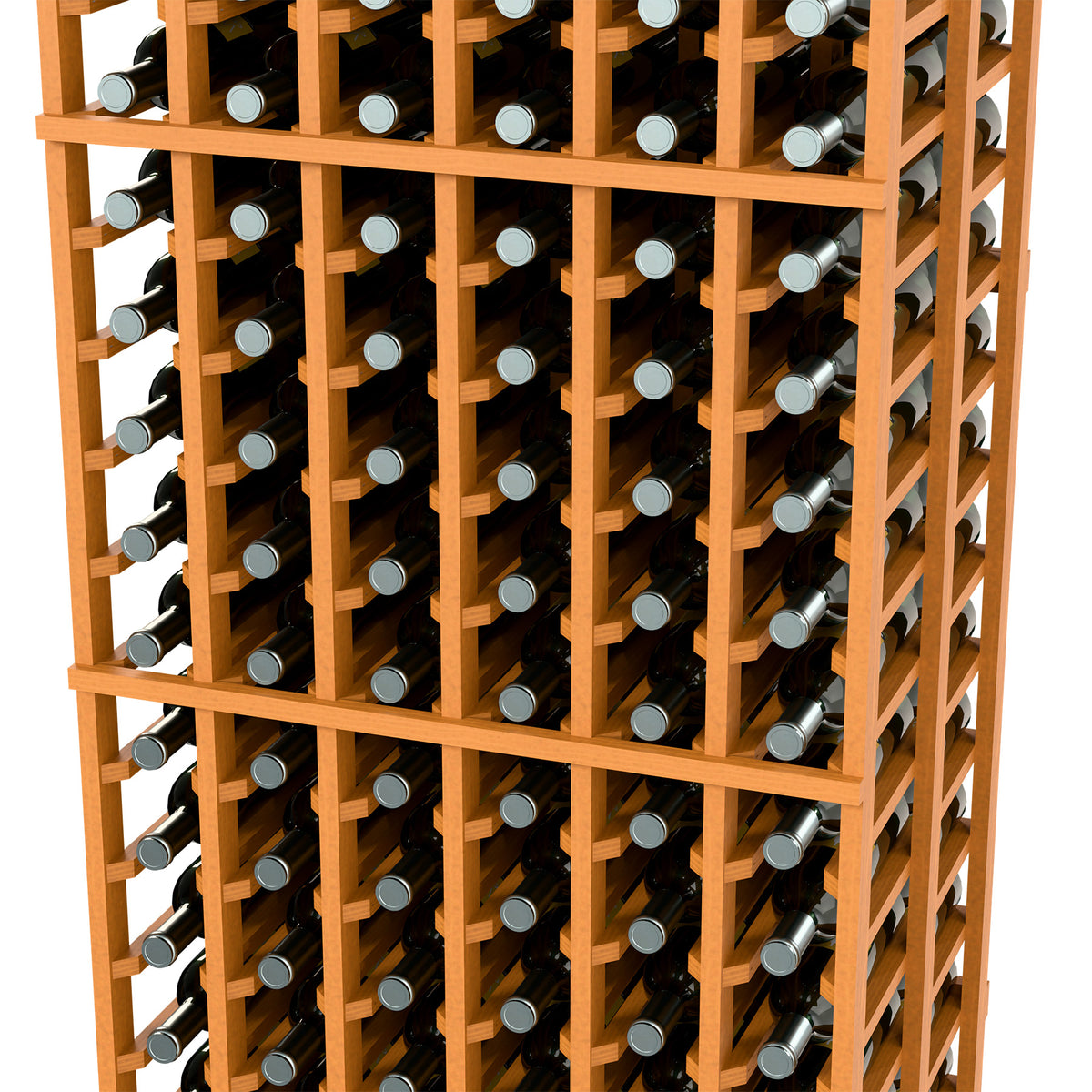 Wine bottle storage rack with warm light wood frame and wine bottles in compartments