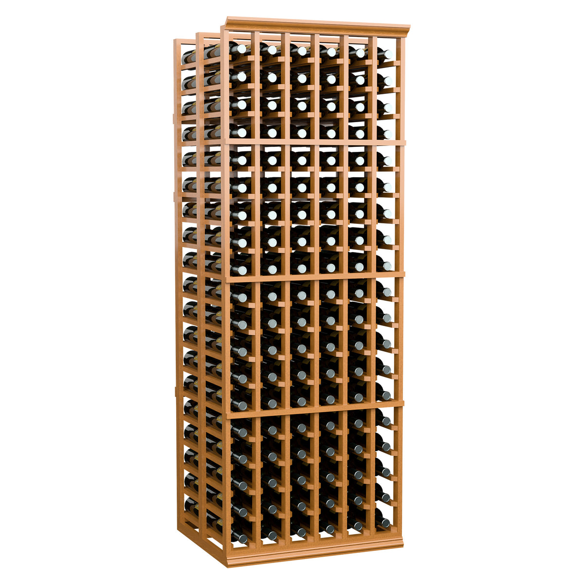 Wine bottle storage rack with light wood frame holding rows of wine bottles