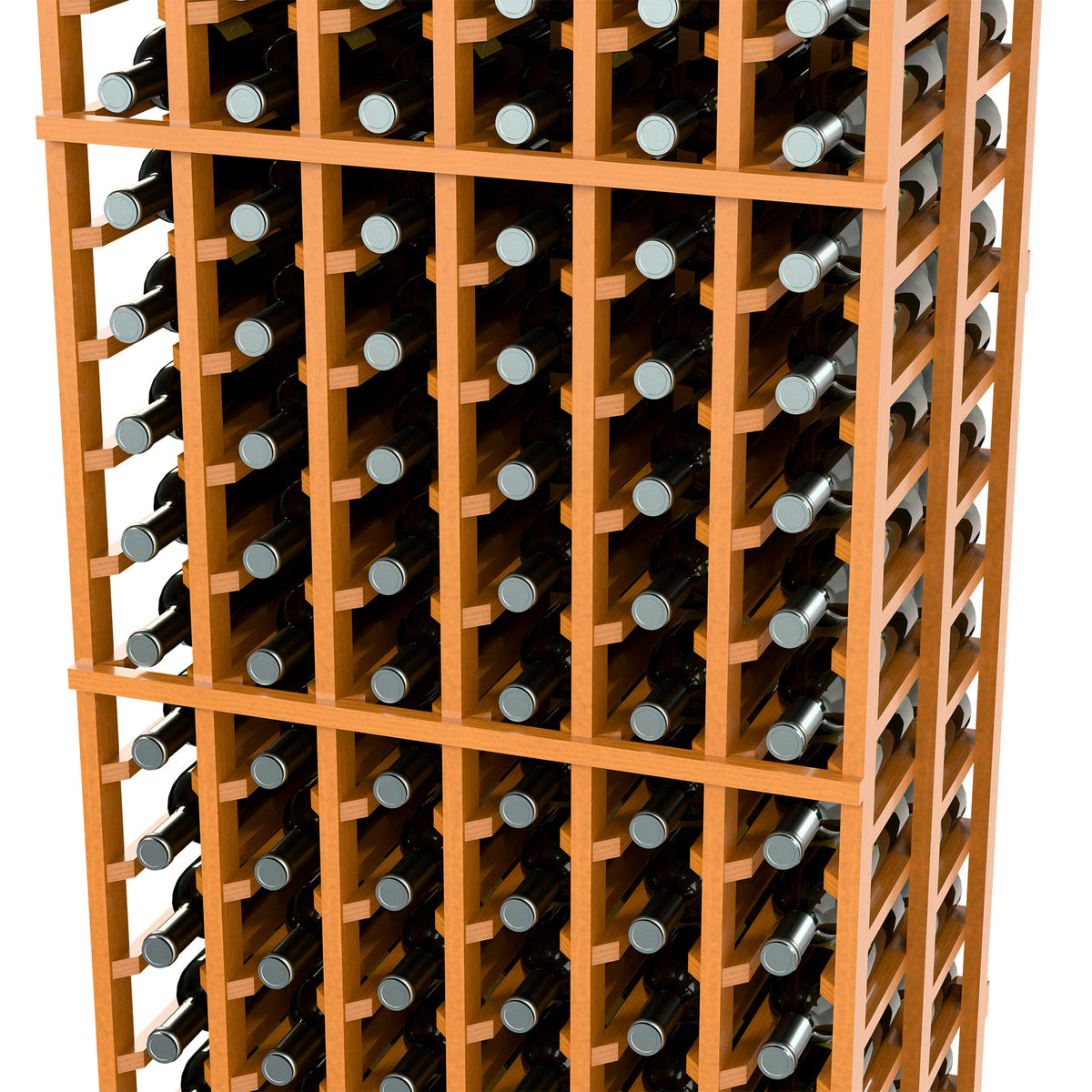 Wine bottle storage rack with light wood frame and bottles in front and side compartments