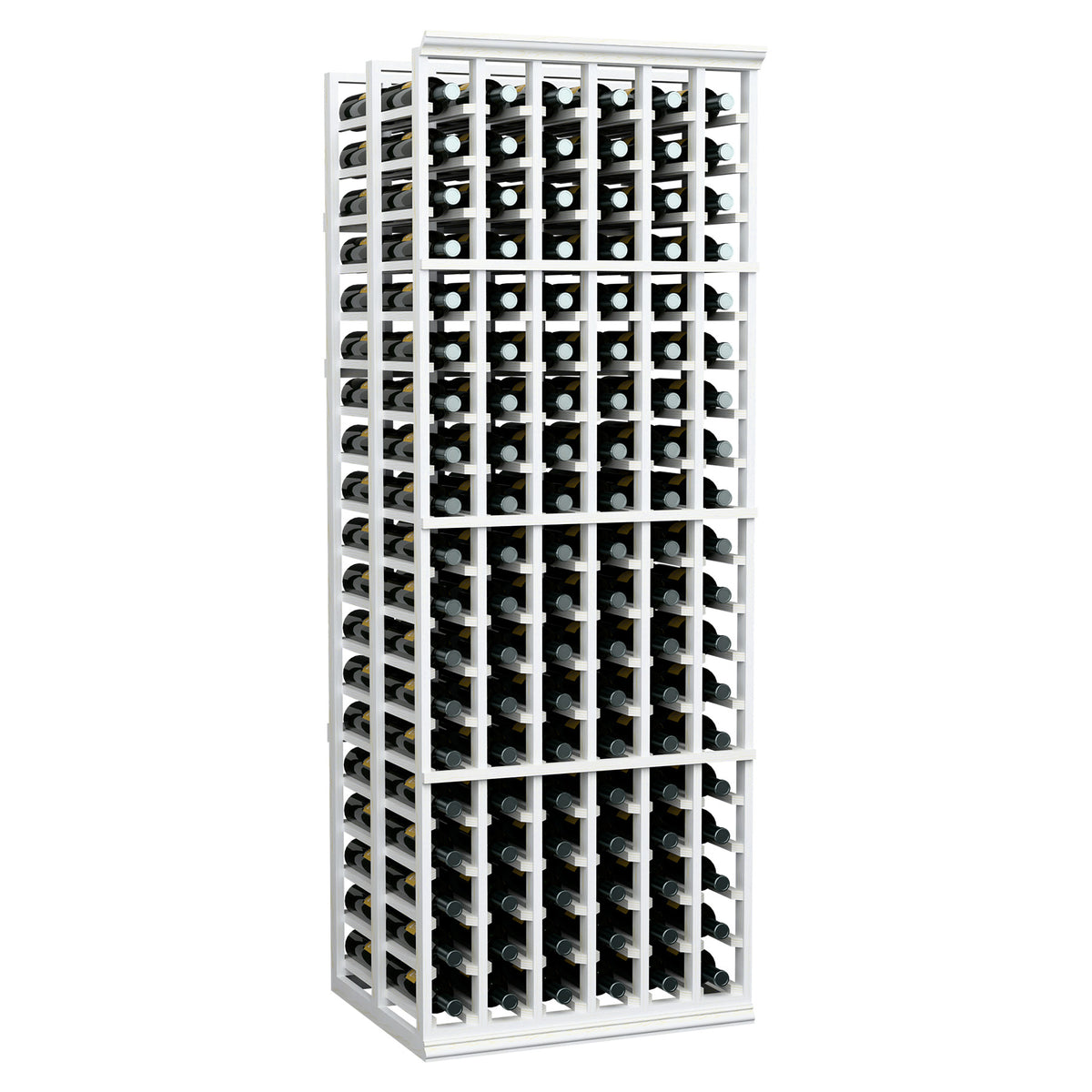 Wine bottle storage rack with white frame and rows of bottles