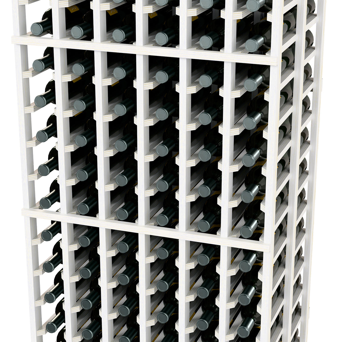 Wine bottle storage rack with white frame, bottles set in a compartment grid