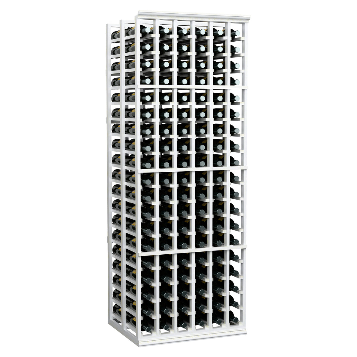 Tall wine bottle storage rack with white frame holding rows of bottles