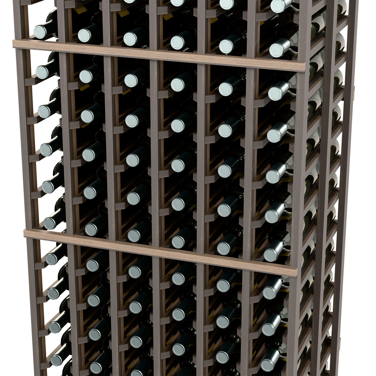 White 6-column double-deep wine rack front with bottle slots and grid supports