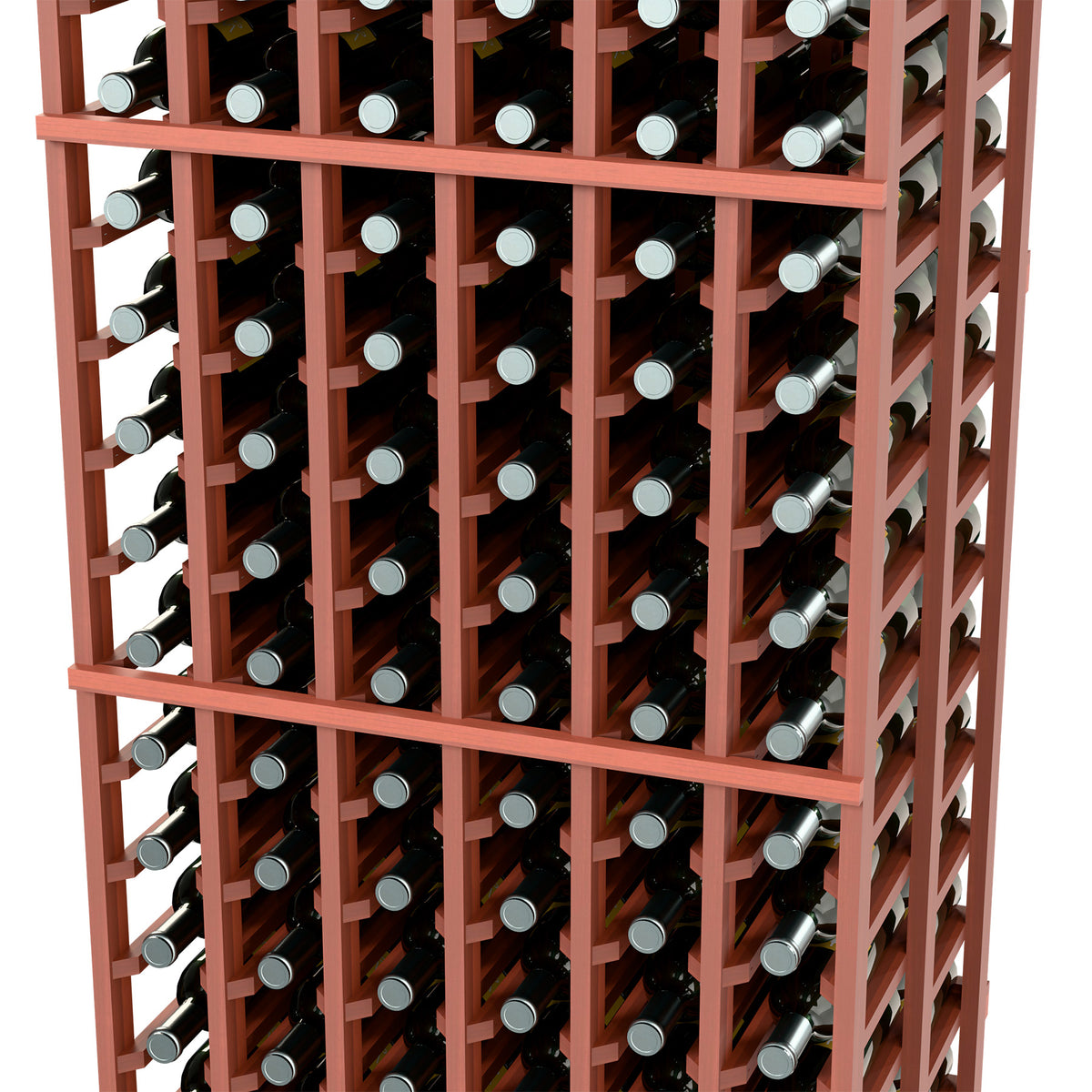 Rust-brown 6-column double-deep wine rack showing rows of bottle slots