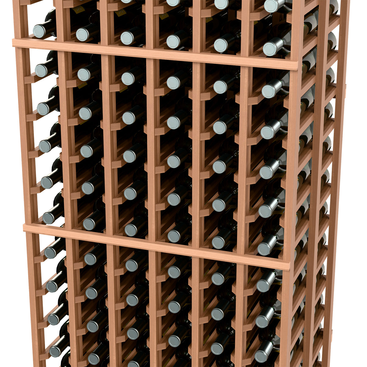 Wood wine bottle rack with multiple rows holding dark bottles and light caps