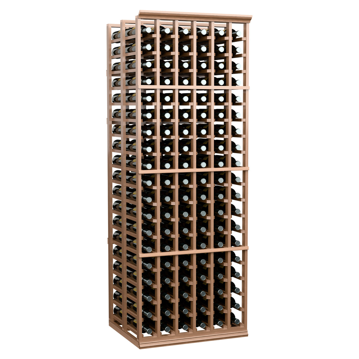 Wood wine bottle rack with bottles, double-deep 6-column standard size, front view