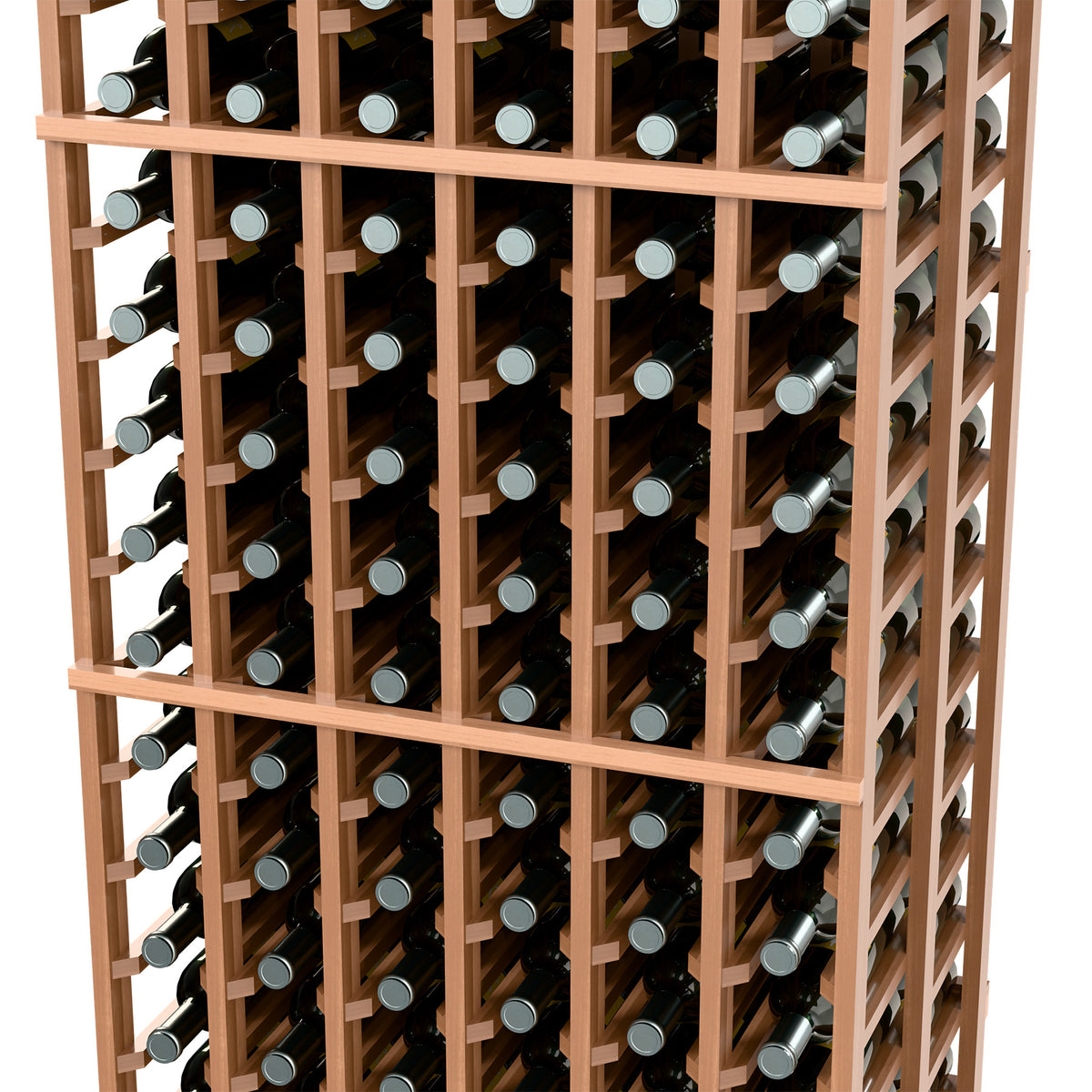 Double-deep wood wine bottle rack with rows of dark bottles and light caps