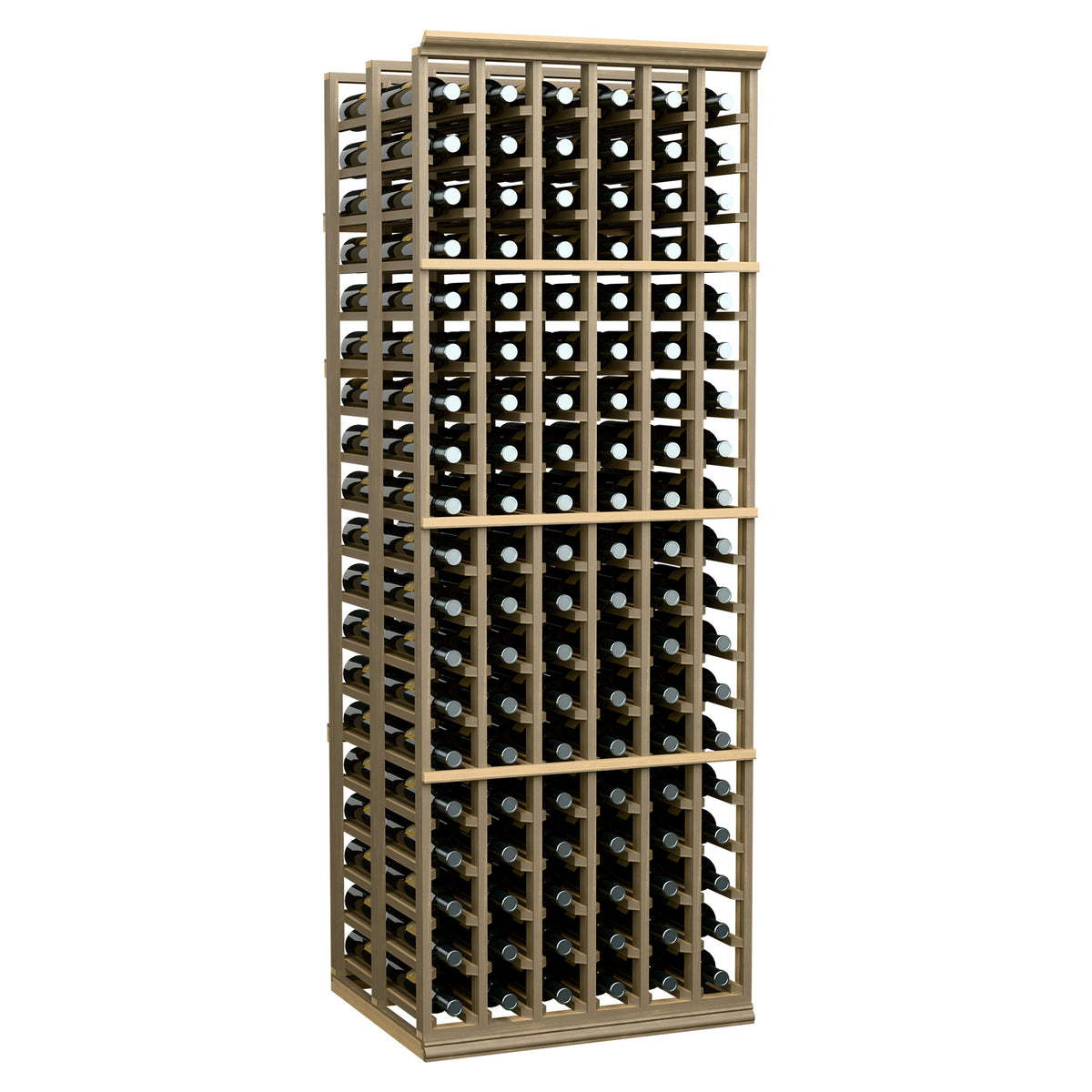 Tall wine bottle rack with beige frame and rows of dark bottles with light caps