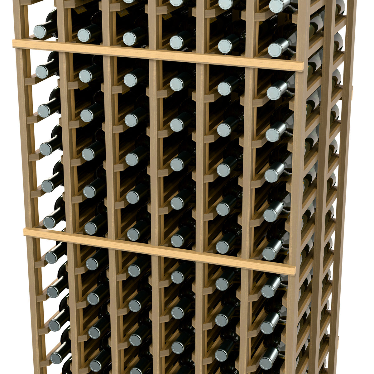 Wood wine bottle rack with front grid displaying dark bottles and light caps