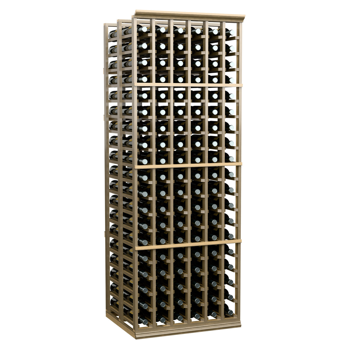 Tall wine bottle rack with beige frame and stacked rows of dark bottles