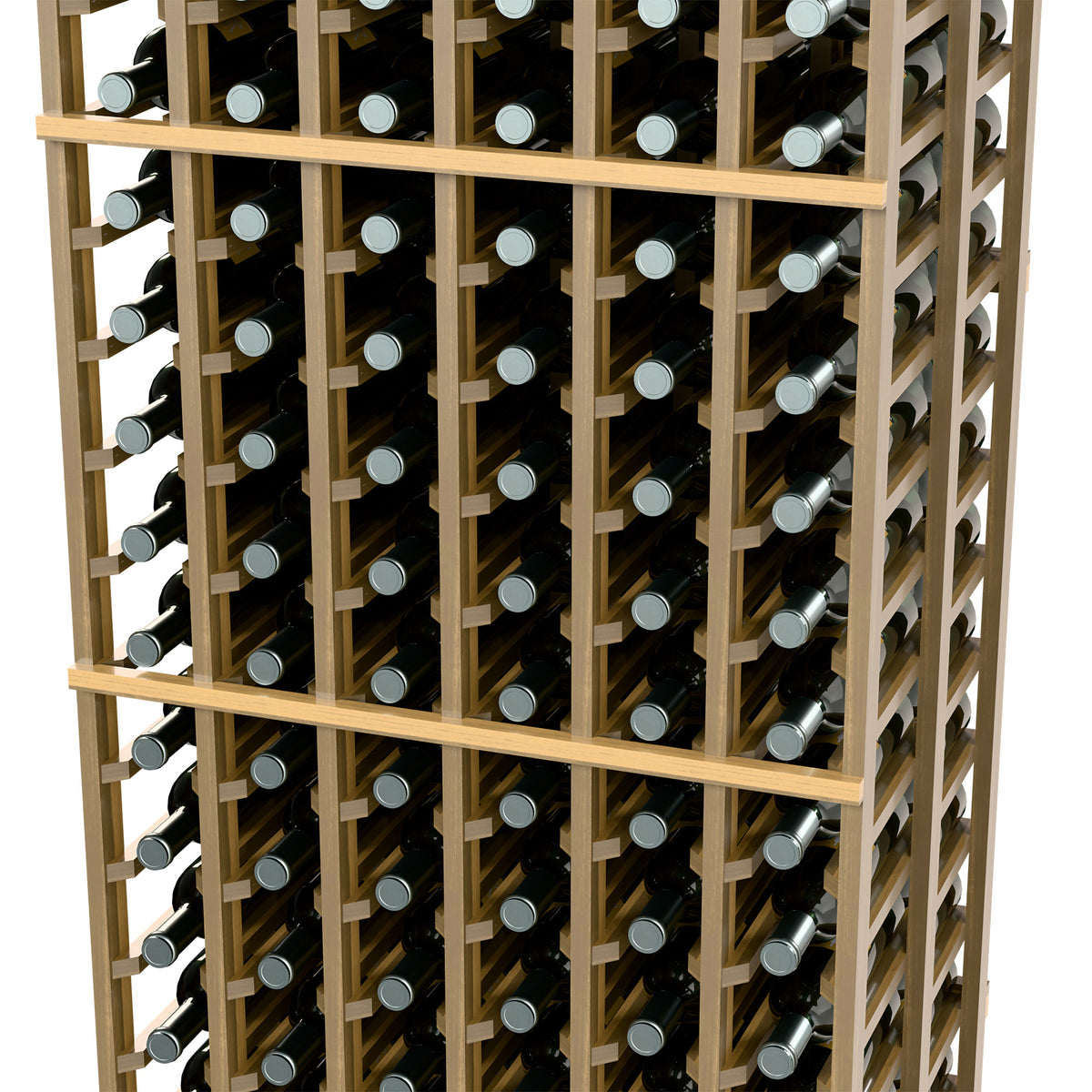 Wood wine bottle rack with multi-row storage of dark bottles with light caps