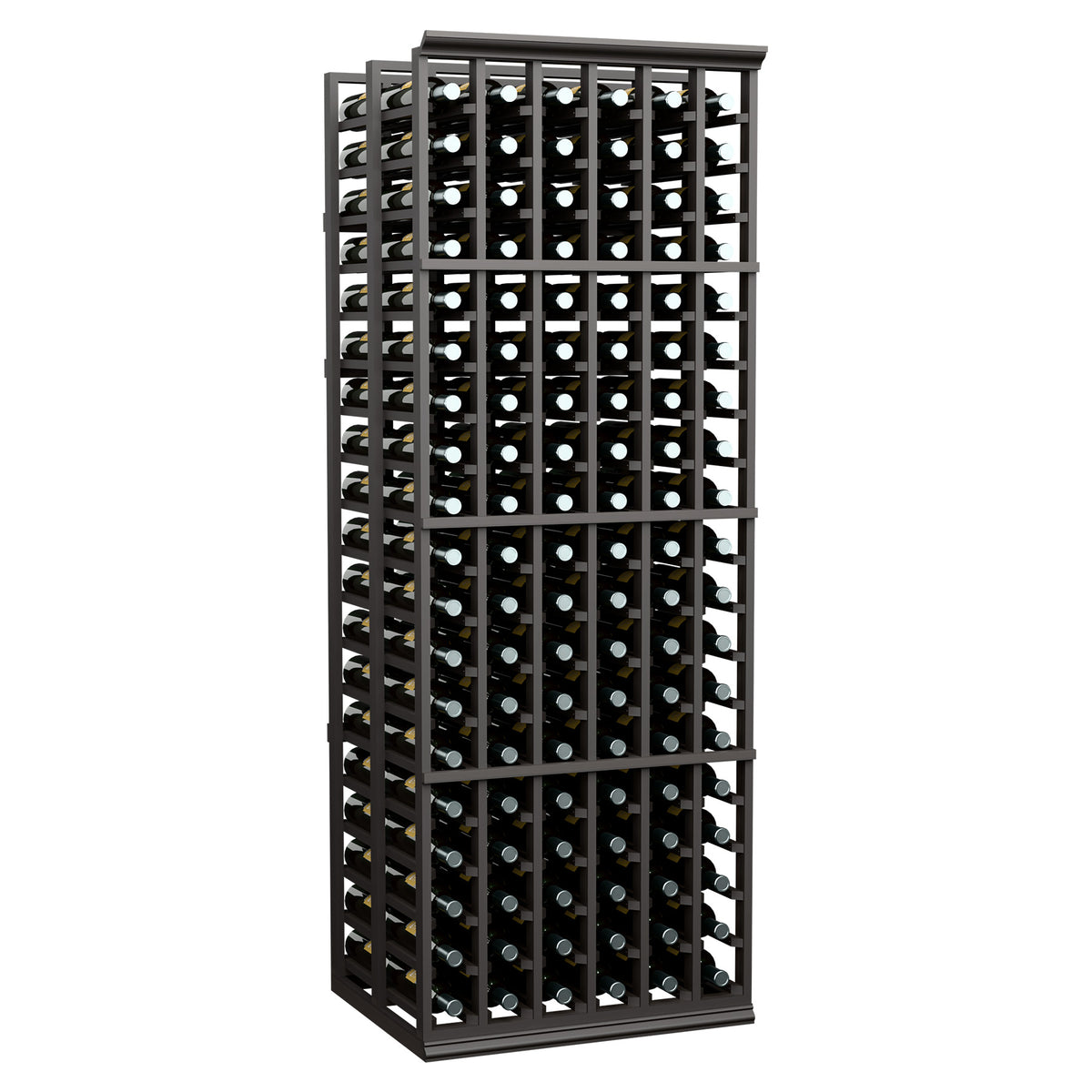 Tall wine bottle rack with black frame holding dark bottles with light caps