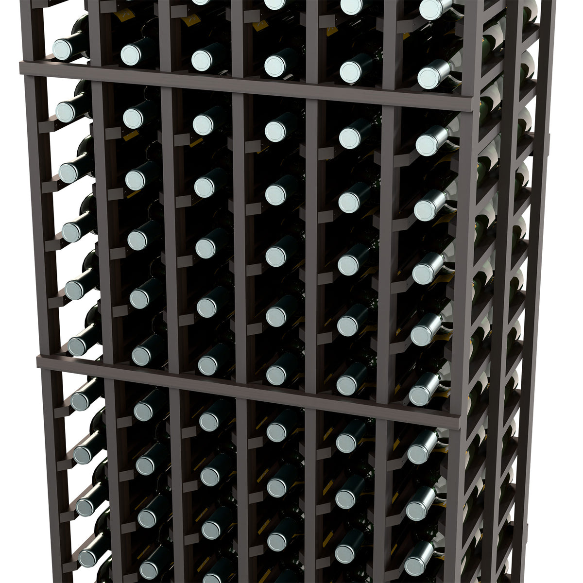 Black wine bottle rack with front grid of dark bottles and light caps