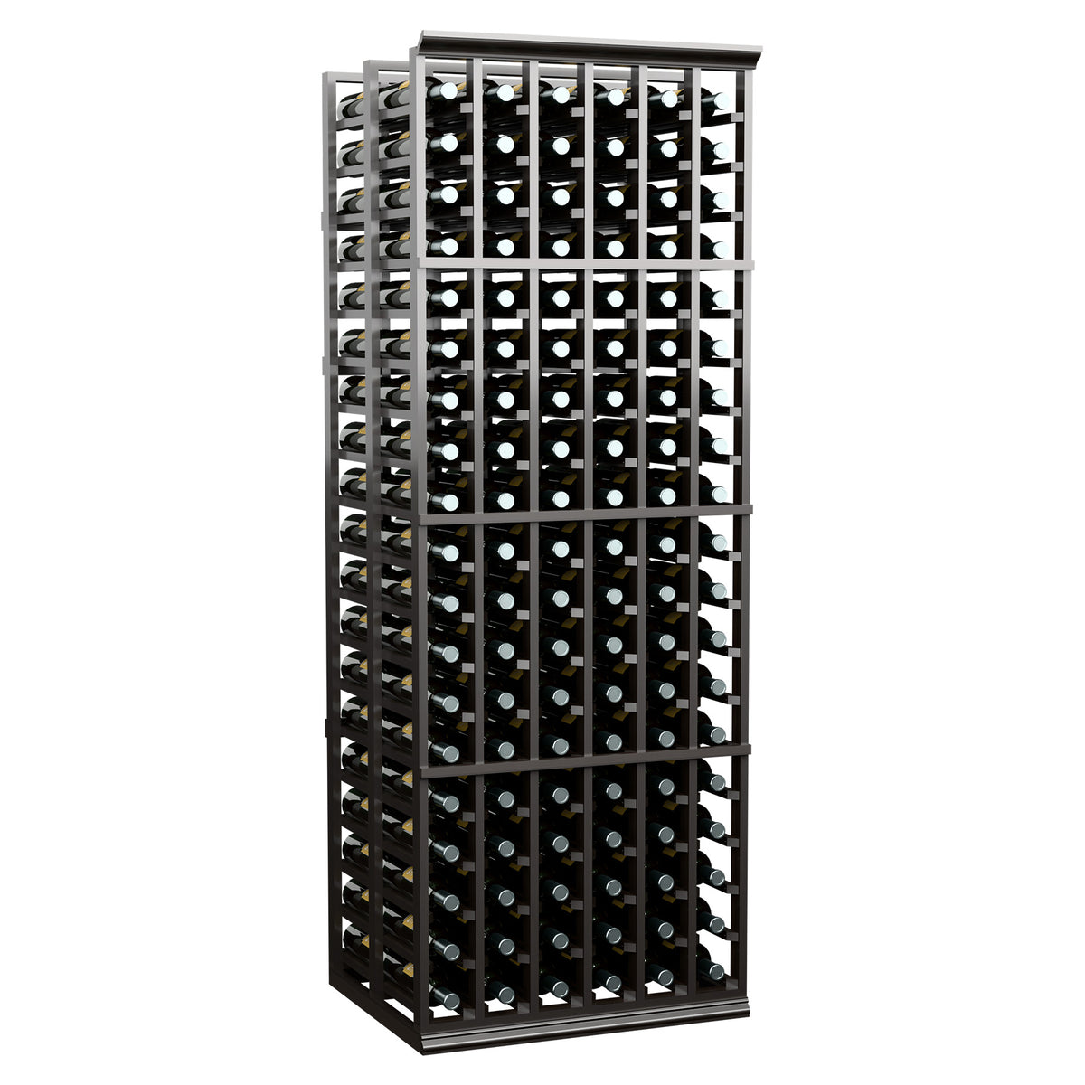 Tall black wine bottle rack with multiple rows of dark bottles and light caps