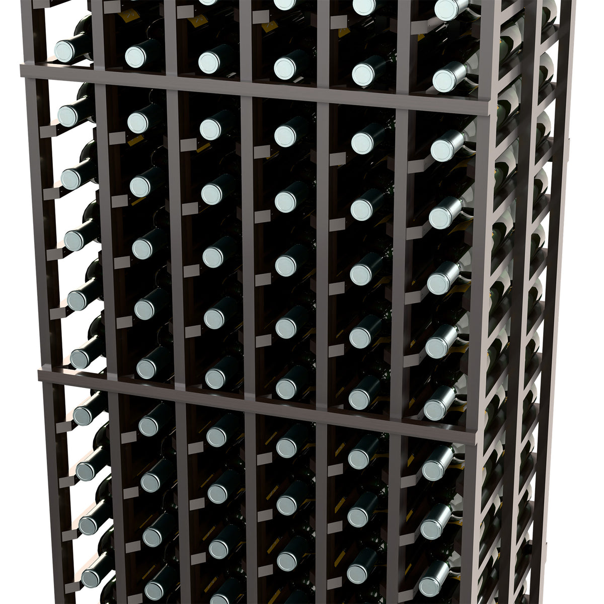 Black wine bottle rack with front grid and multiple rows of dark bottles